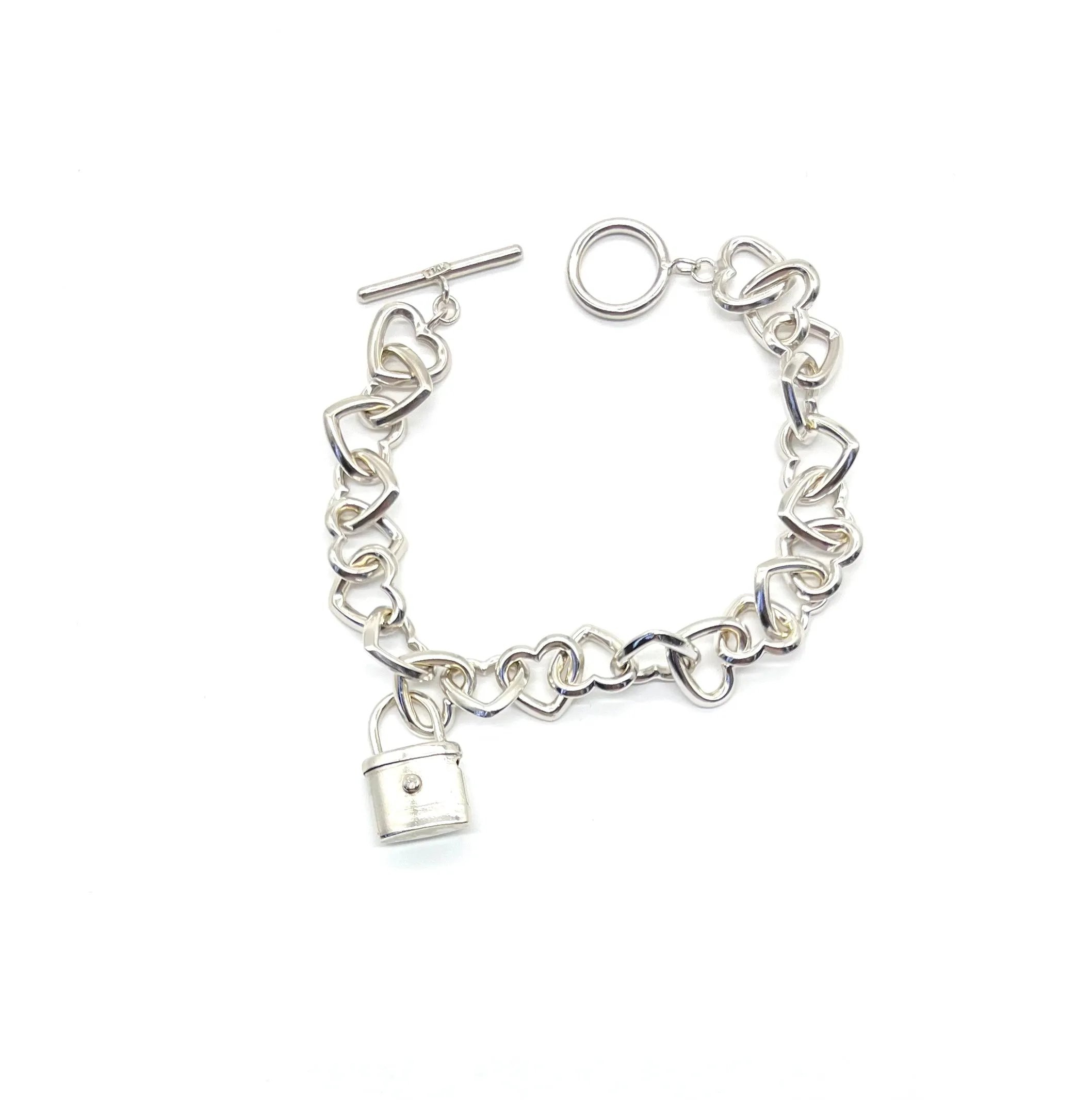 14k White Gold Heart Link Toggle Bracelet with Lock