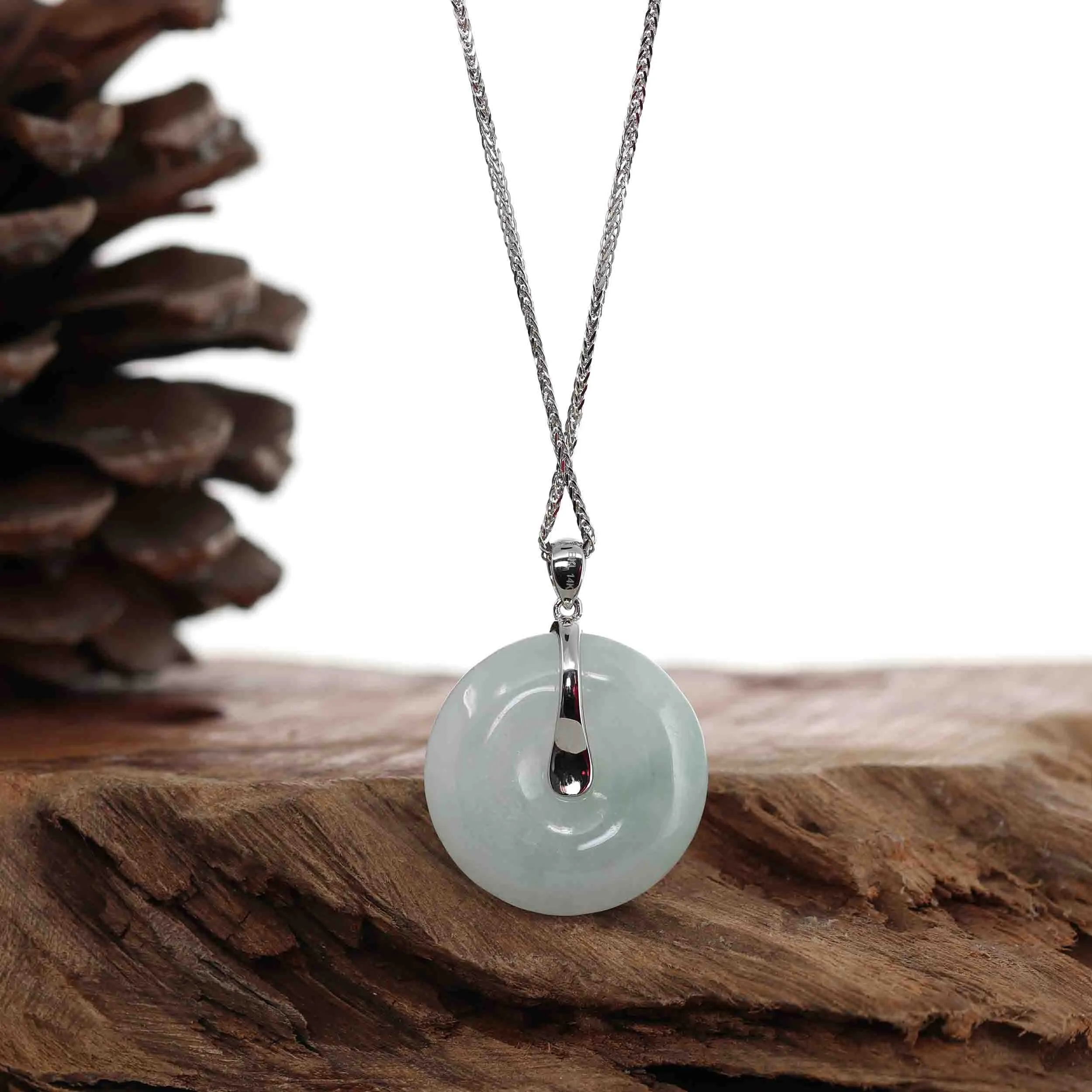 14K White Gold "Ping An Kou" Necklace Lavender Jadeite Jade Lucky KouKou Pendant Necklace