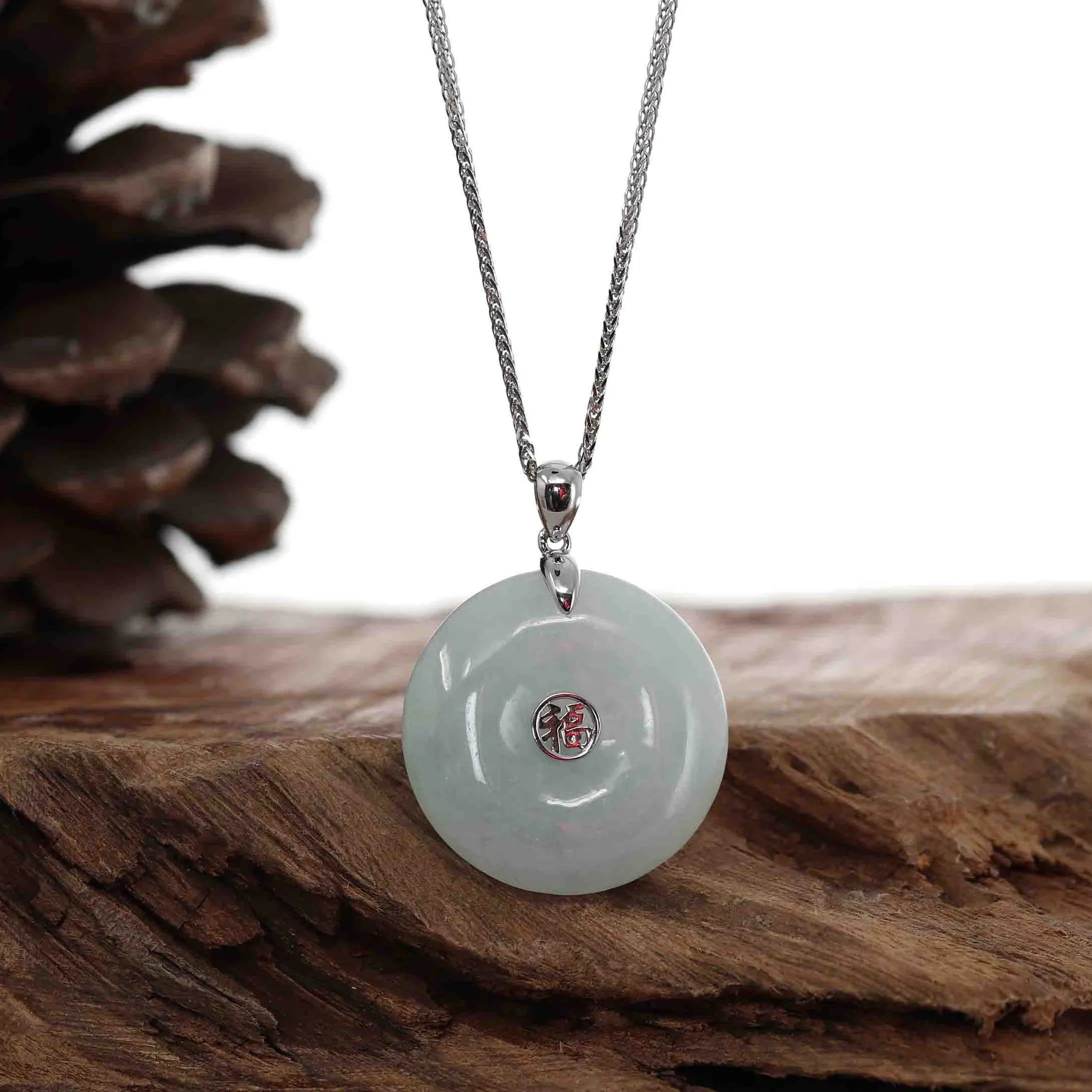 14K White Gold "Ping An Kou" Necklace Lavender Jadeite Jade Lucky KouKou Pendant Necklace