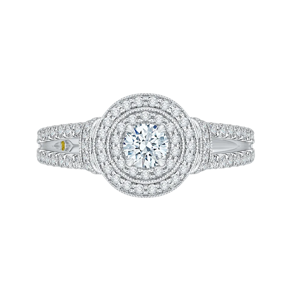 14K White Gold Round Diamond Double Halo Engagement Ring with Split Shank