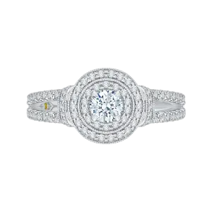 14K White Gold Round Diamond Double Halo Engagement Ring with Split Shank