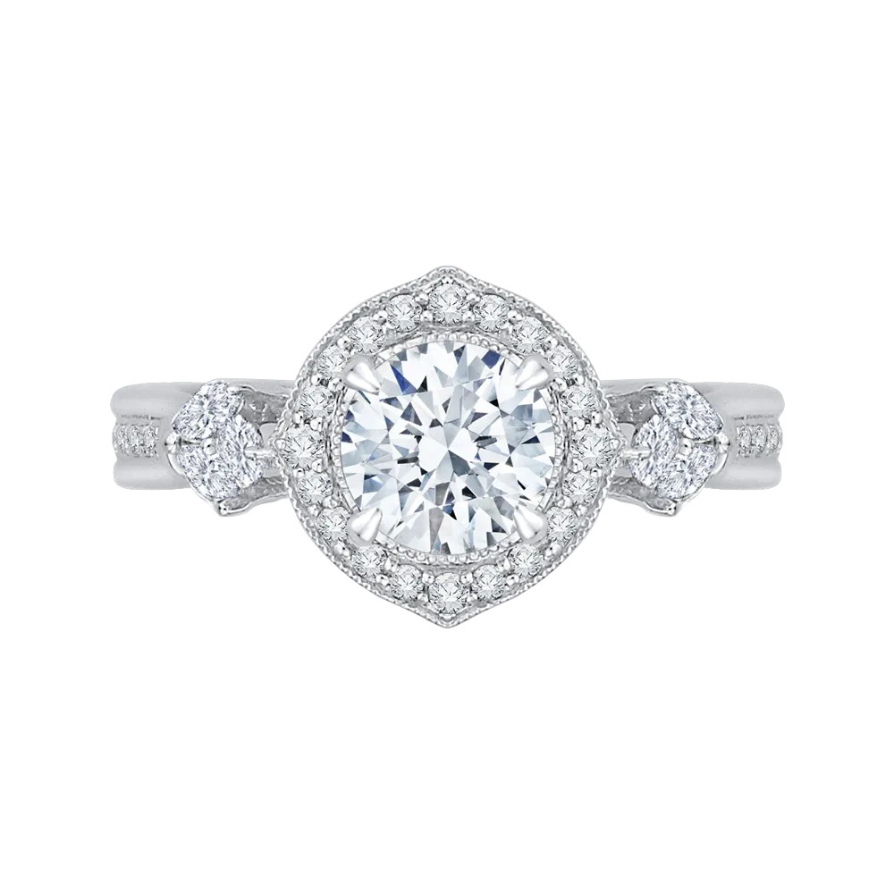 14K White Gold Round Diamond Floral Halo Engagement Ring (Semi Mount)