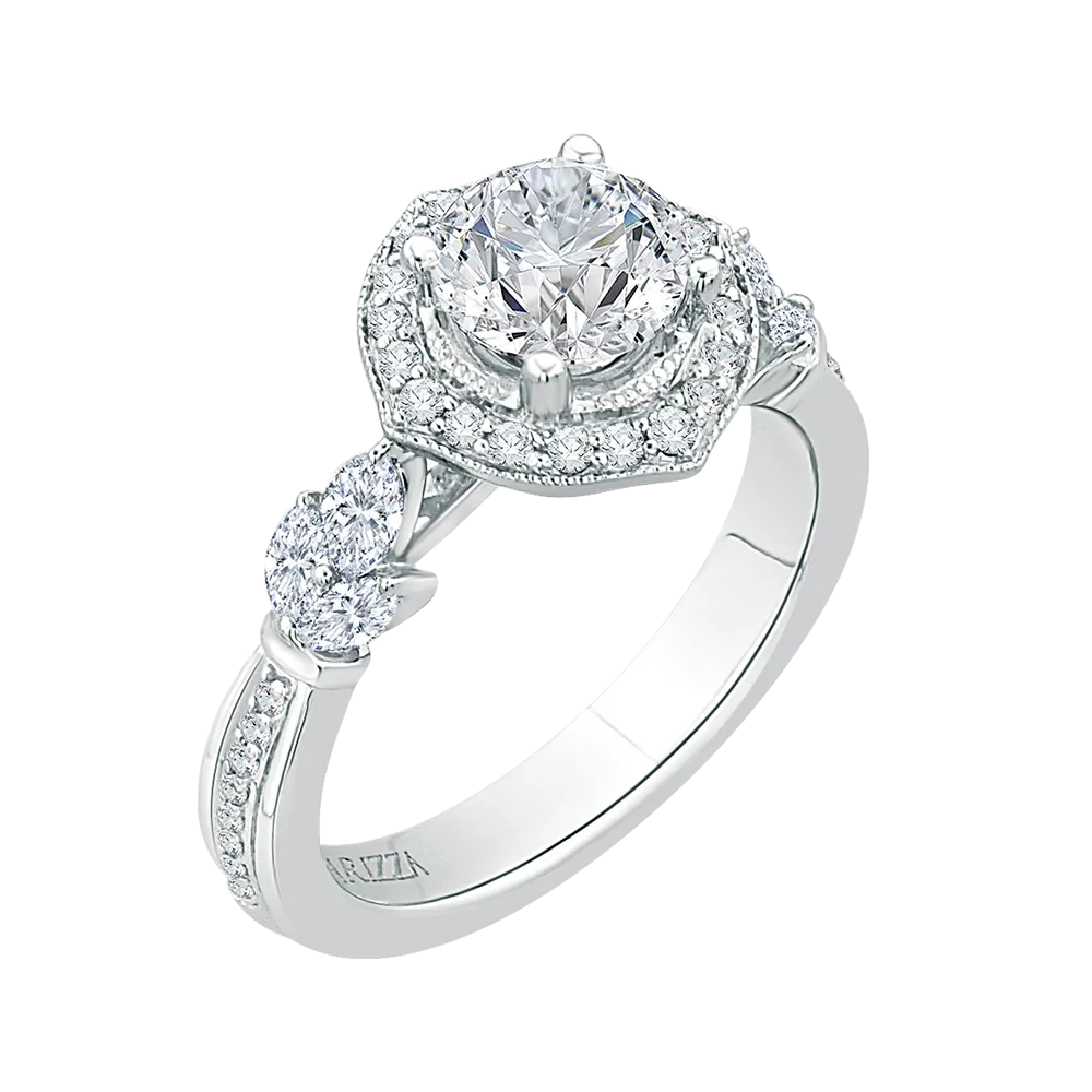 14K White Gold Round Diamond Floral Halo Engagement Ring (Semi Mount)