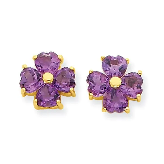 14k Yellow Gold Amethyst Flower Post Earrings