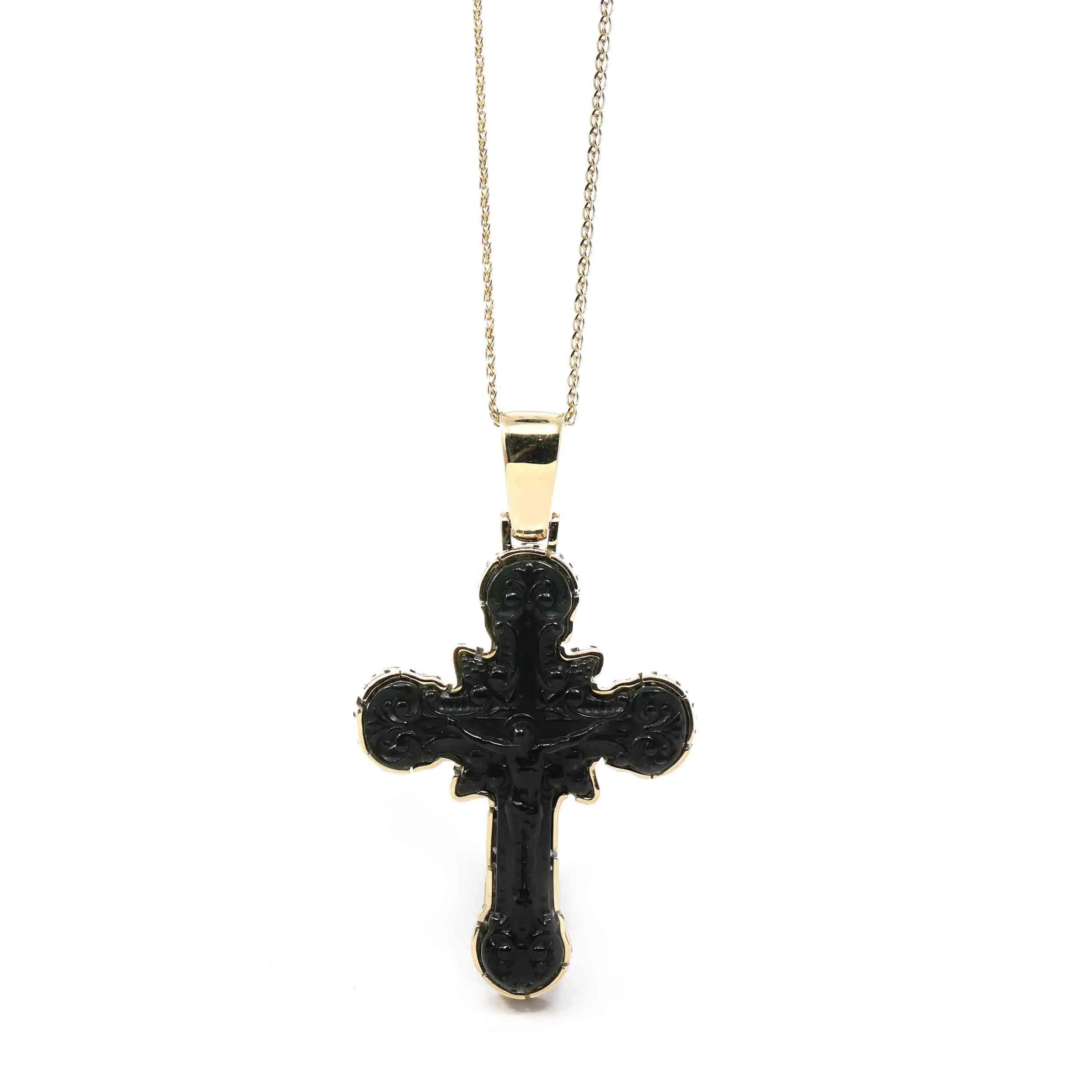 14K Yellow Gold & Black Nephrite Jade Crucifix Pendant