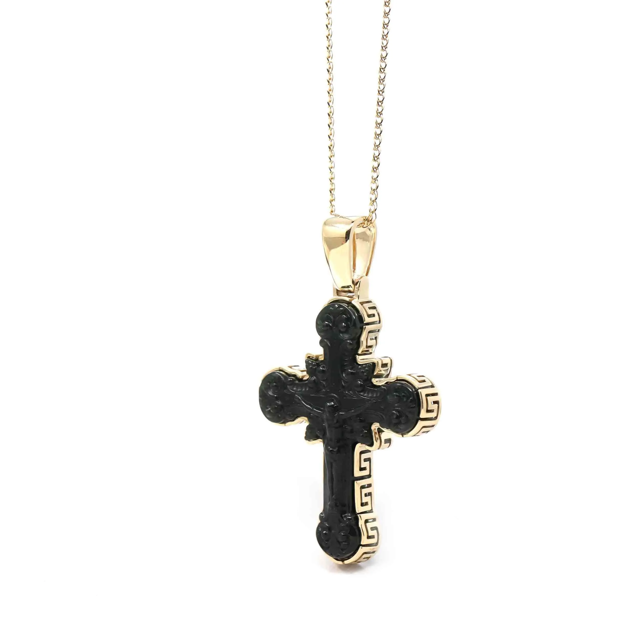 14K Yellow Gold & Black Nephrite Jade Crucifix Pendant