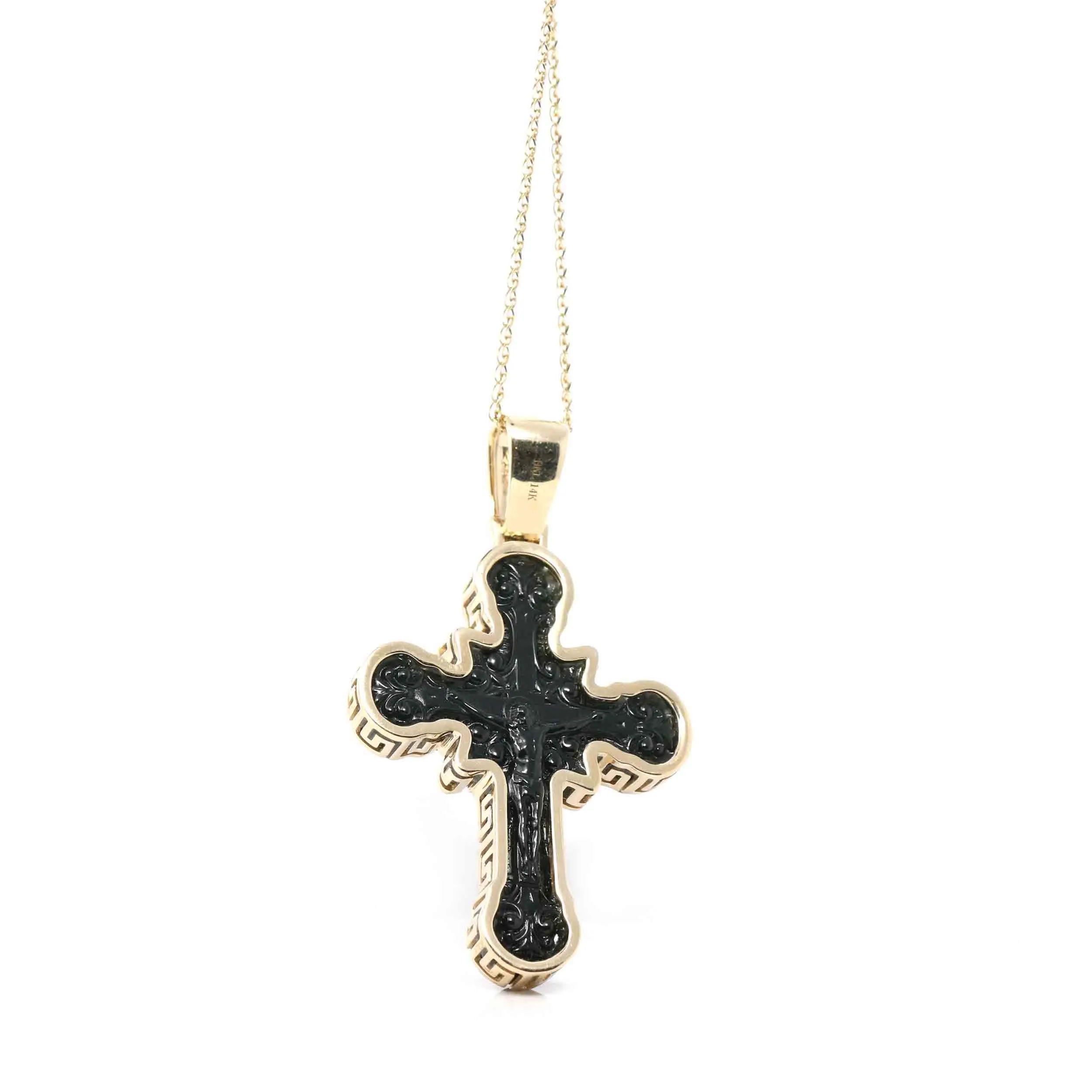 14K Yellow Gold & Black Nephrite Jade Crucifix Pendant