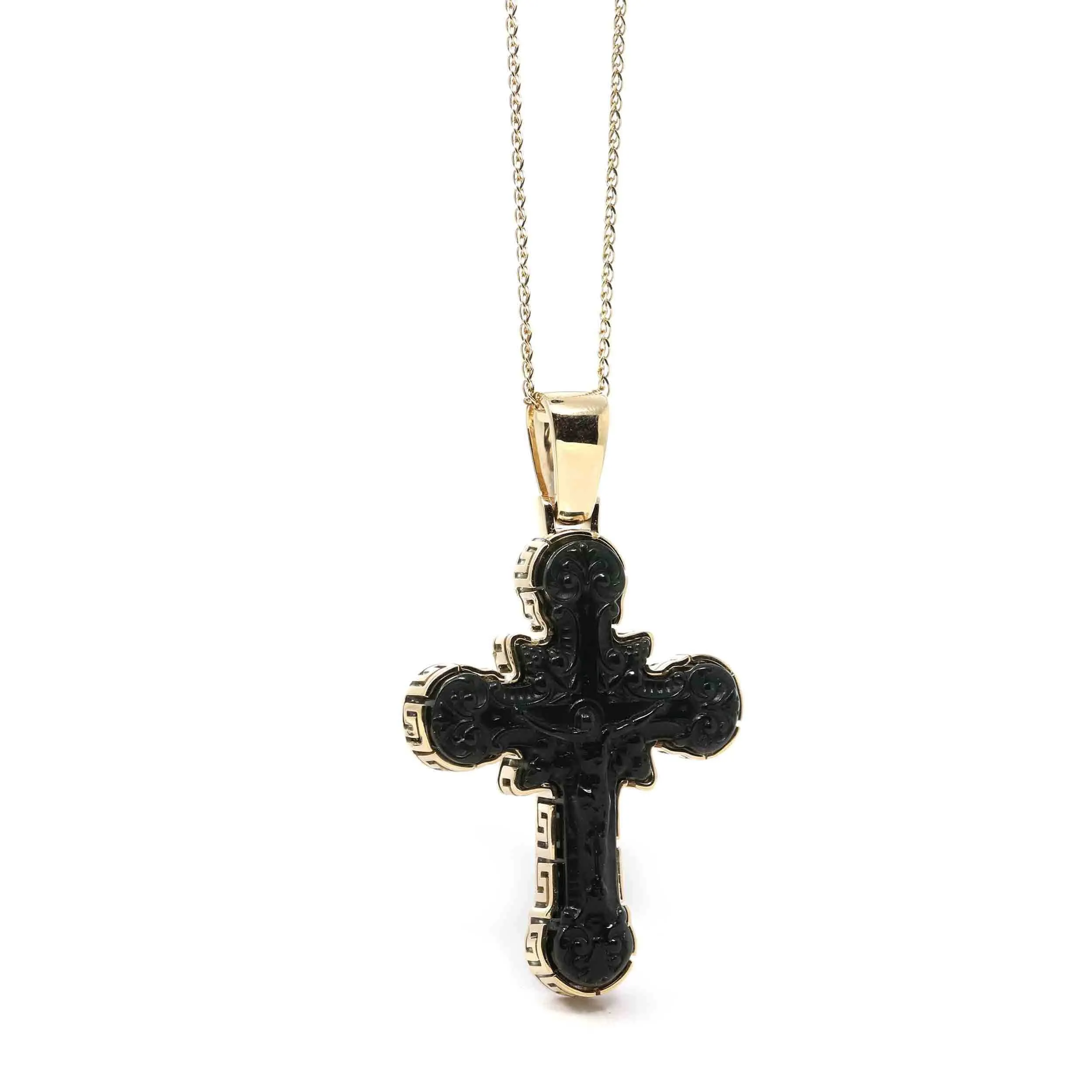 14K Yellow Gold & Black Nephrite Jade Crucifix Pendant