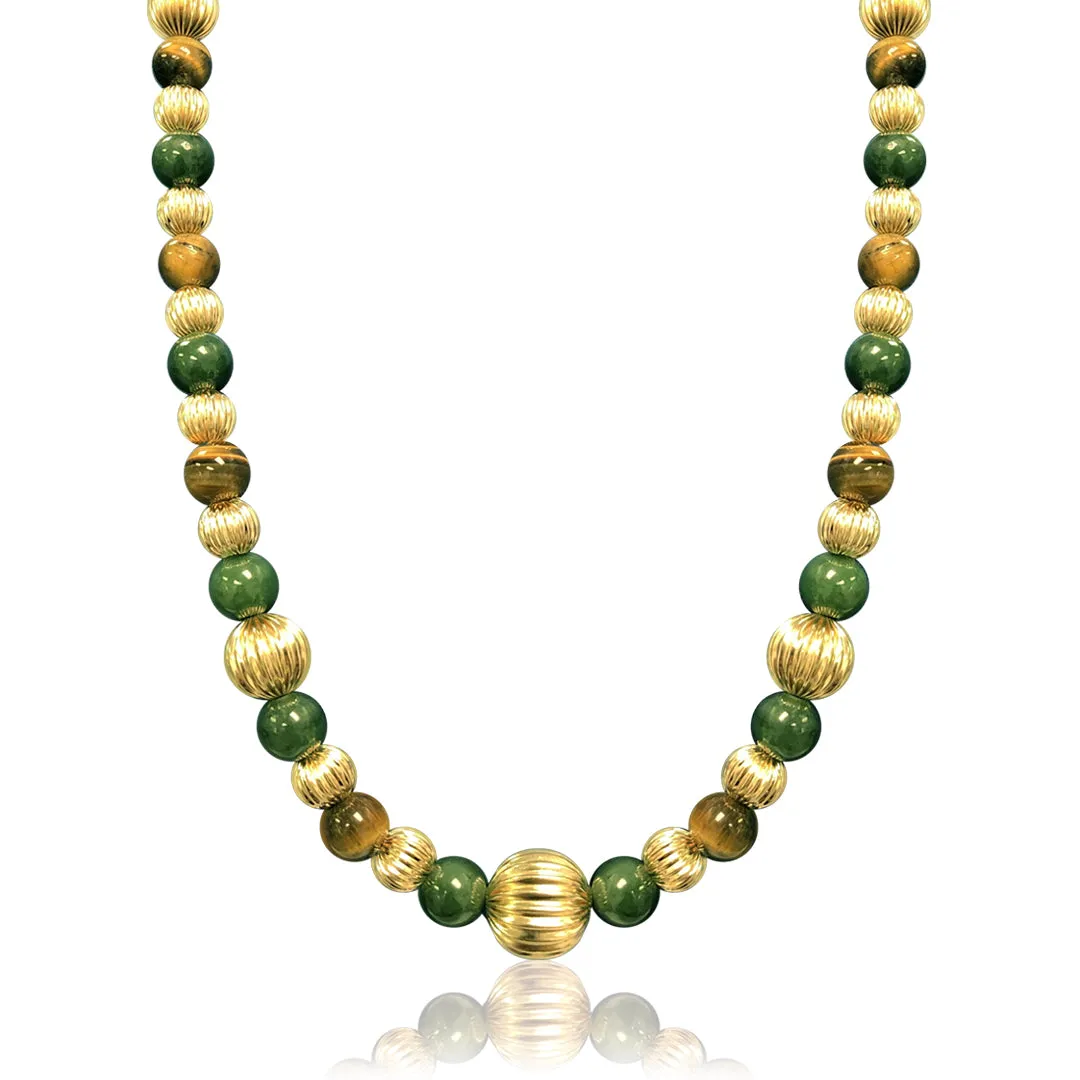 14K Yellow gold beaded necklace with jade and tiger eye