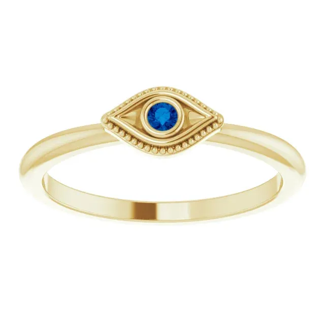 14K Yellow Gold Lab-Grown Blue Sapphire Stackable Evil Eye Ring