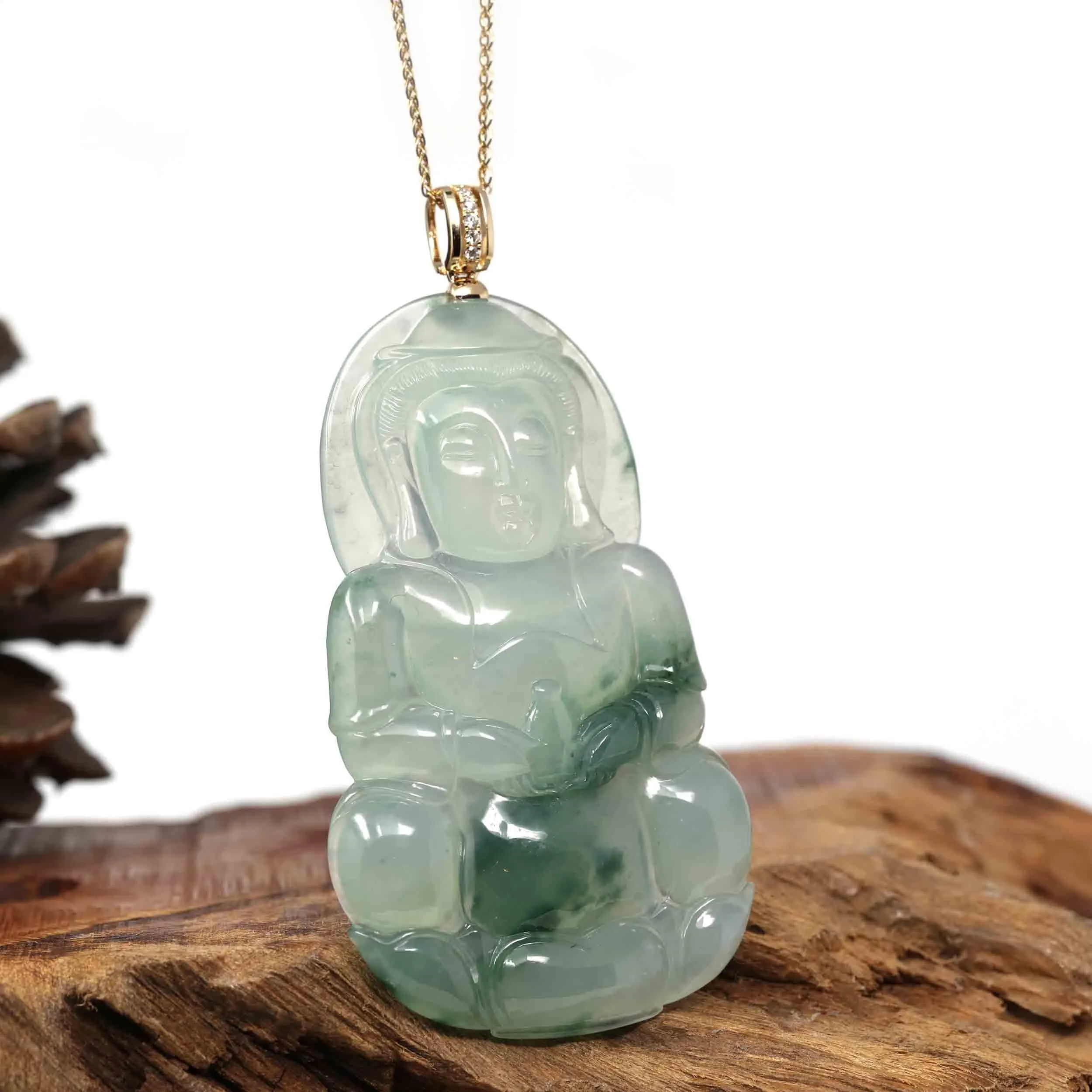 14k Yellow Gold "Goddess of Compassion" Genuine Ice Burmese Jadeite Jade Guanyin Necklace With Gold Bail