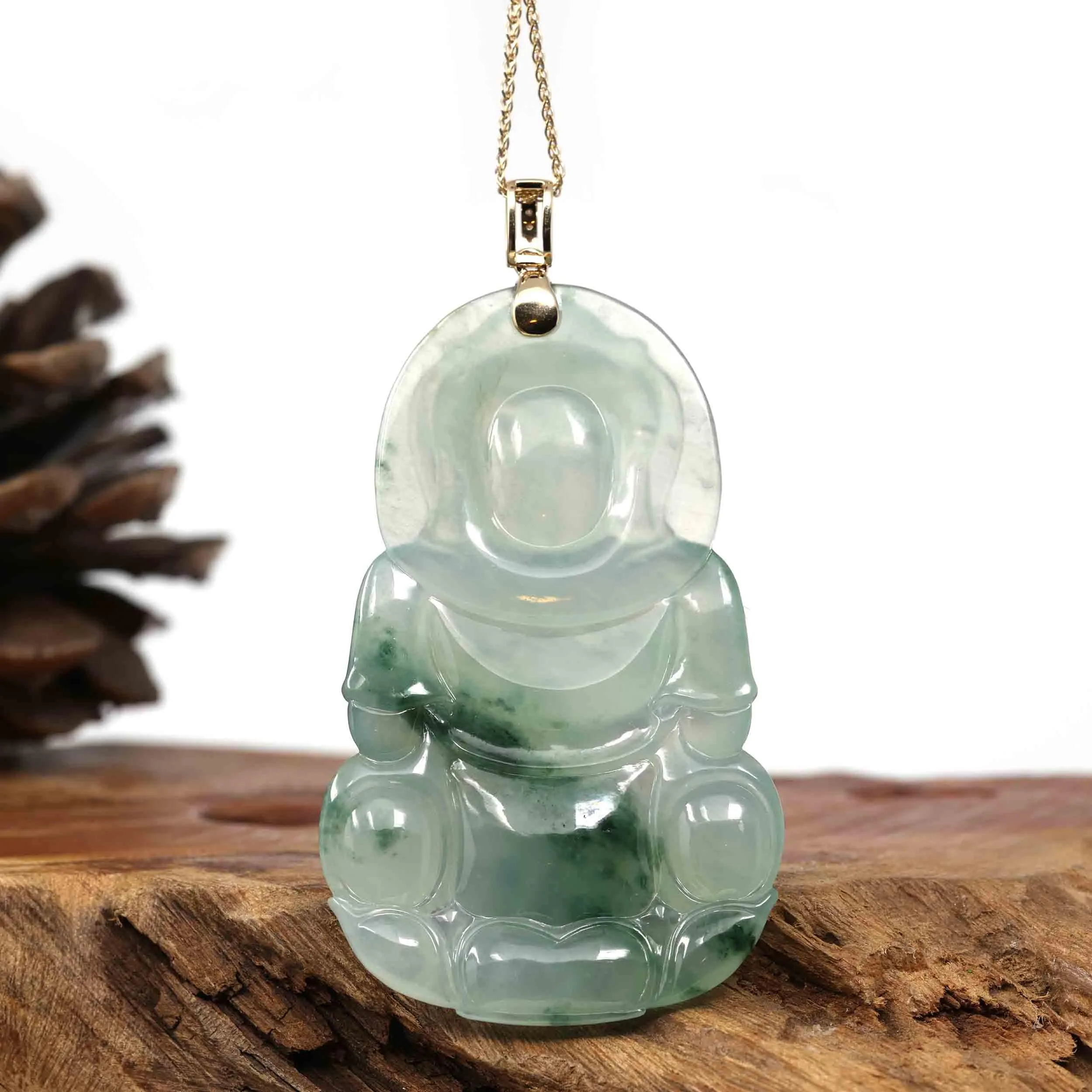 14k Yellow Gold "Goddess of Compassion" Genuine Ice Burmese Jadeite Jade Guanyin Necklace With Gold Bail