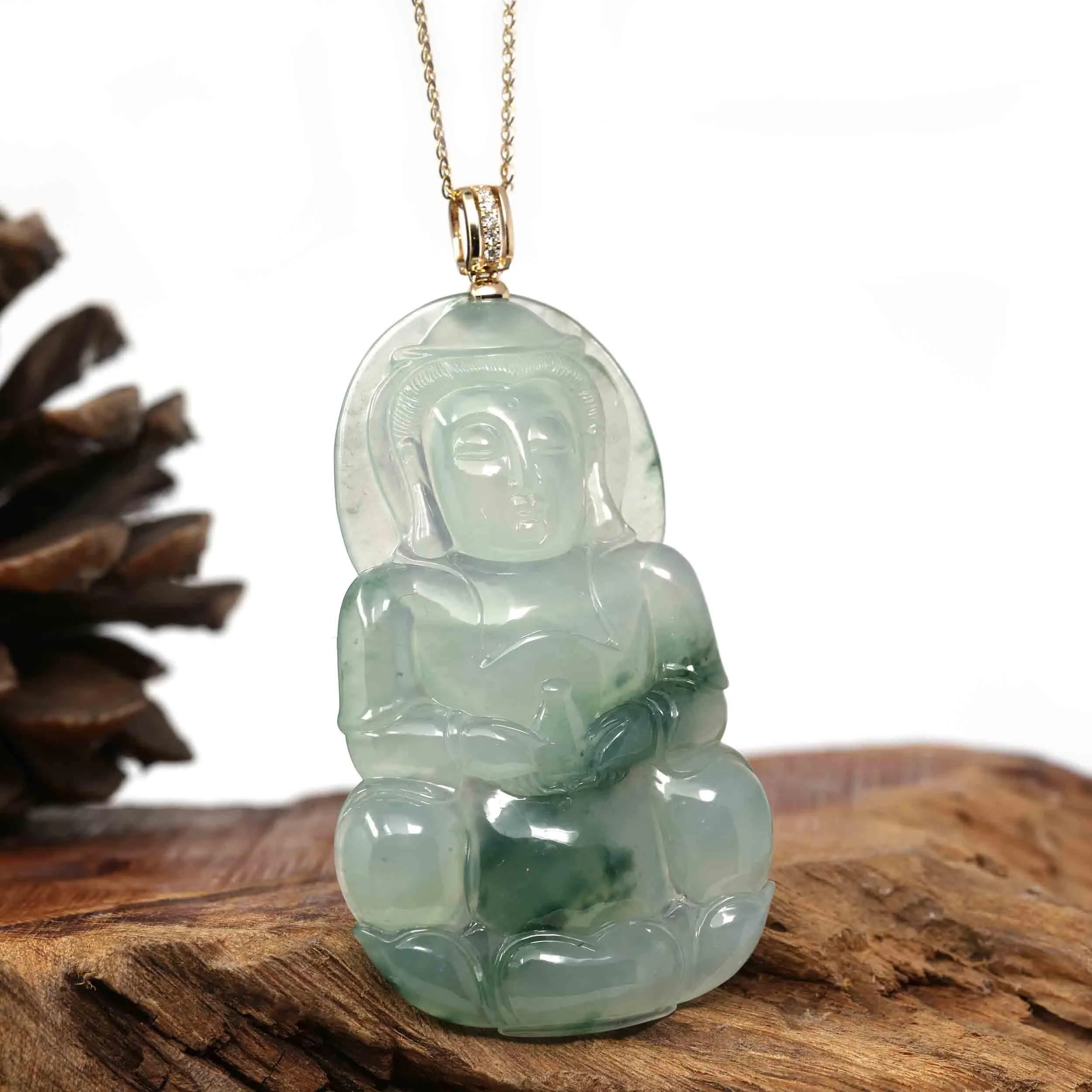 14k Yellow Gold "Goddess of Compassion" Genuine Ice Burmese Jadeite Jade Guanyin Necklace With Gold Bail