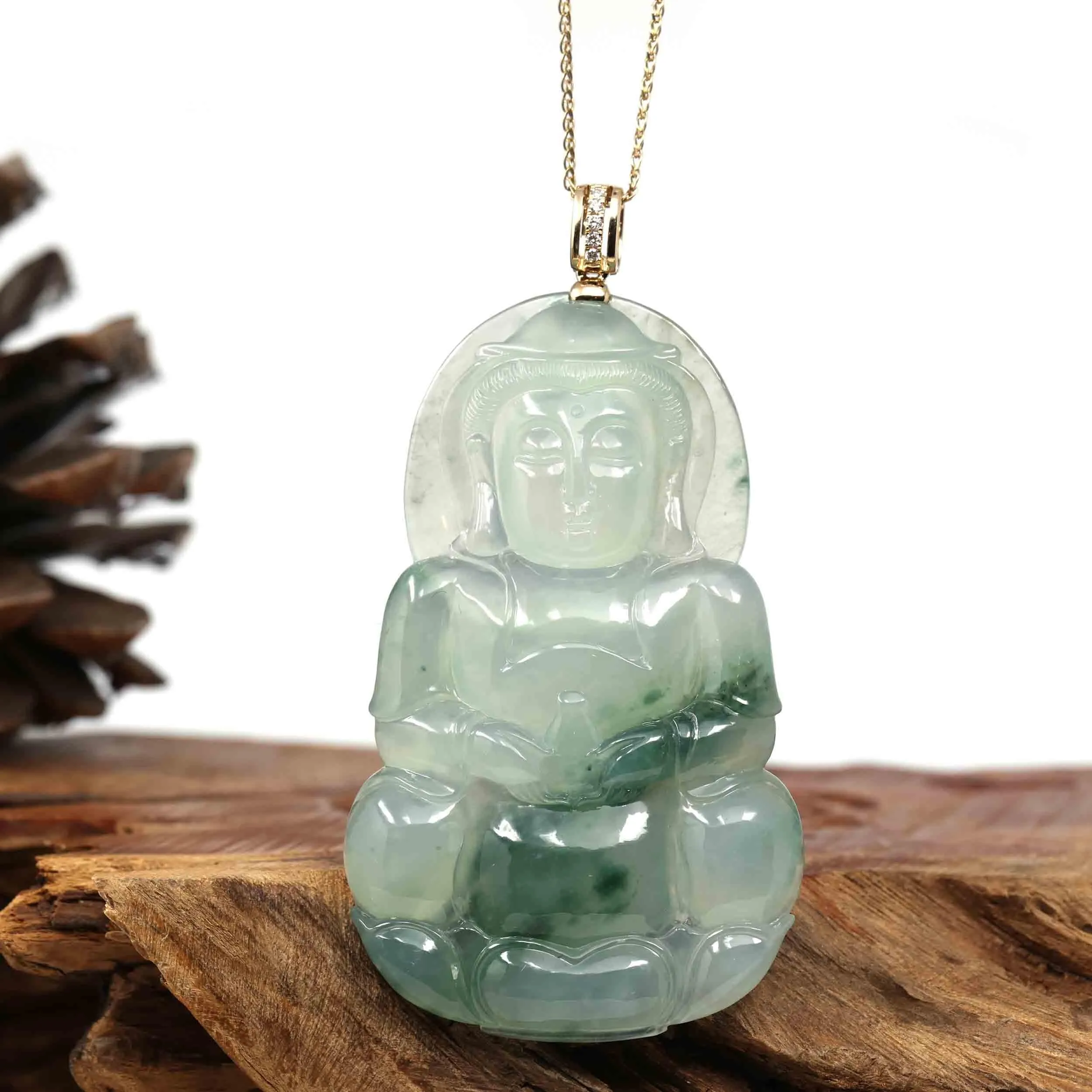 14k Yellow Gold "Goddess of Compassion" Genuine Ice Burmese Jadeite Jade Guanyin Necklace With Gold Bail