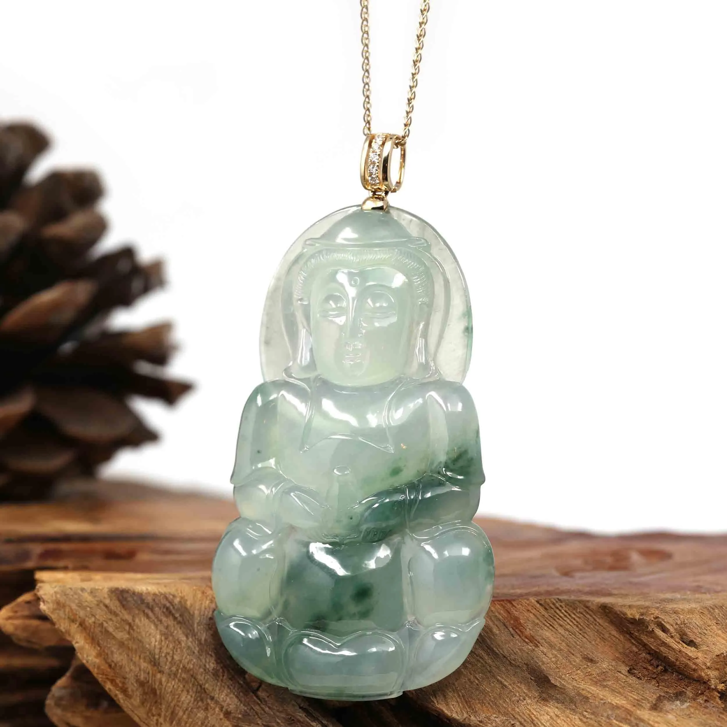 14k Yellow Gold "Goddess of Compassion" Genuine Ice Burmese Jadeite Jade Guanyin Necklace With Gold Bail