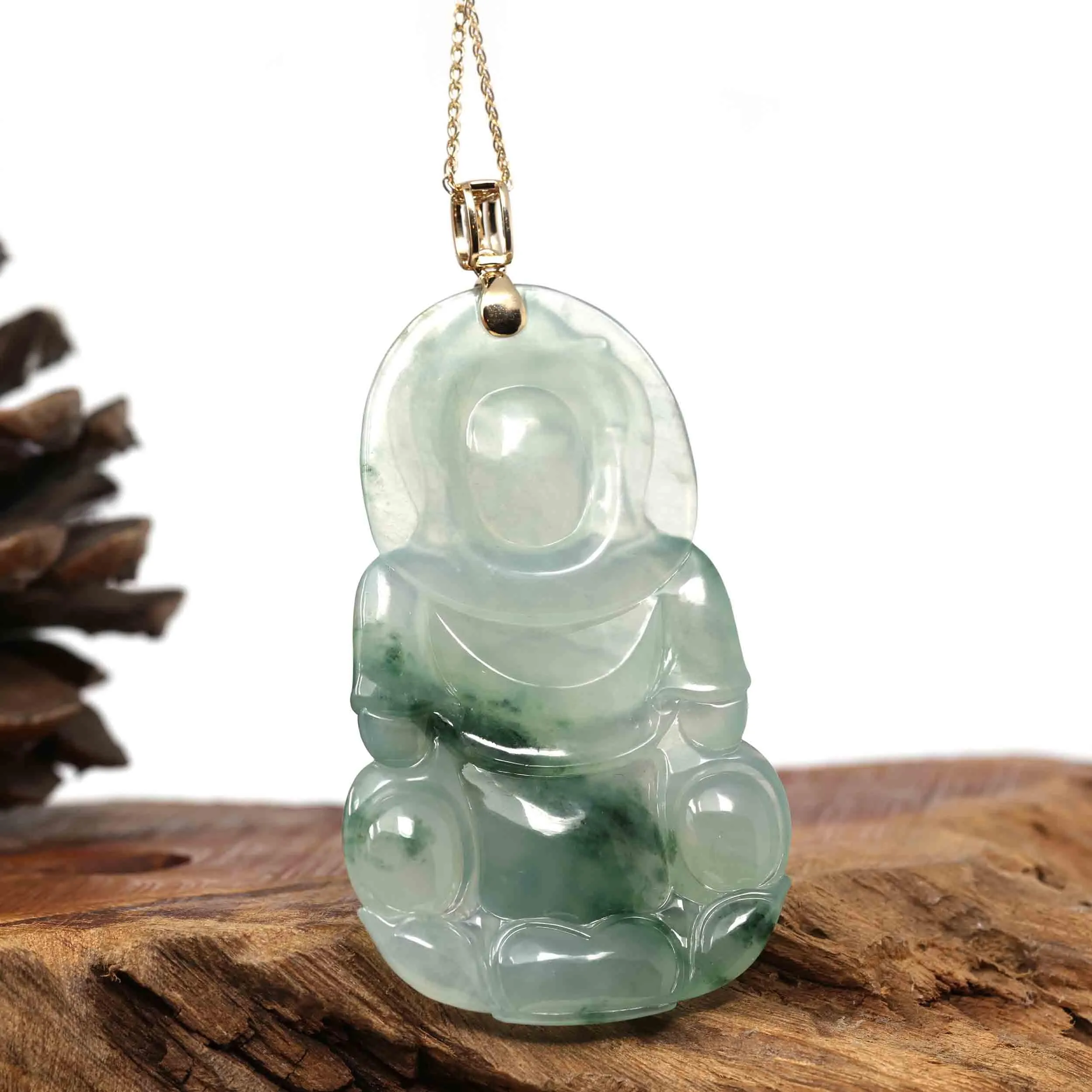 14k Yellow Gold "Goddess of Compassion" Genuine Ice Burmese Jadeite Jade Guanyin Necklace With Gold Bail