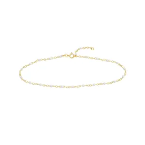 14K Yellow Gold White Enamel Bead Piatto Chain Anklet