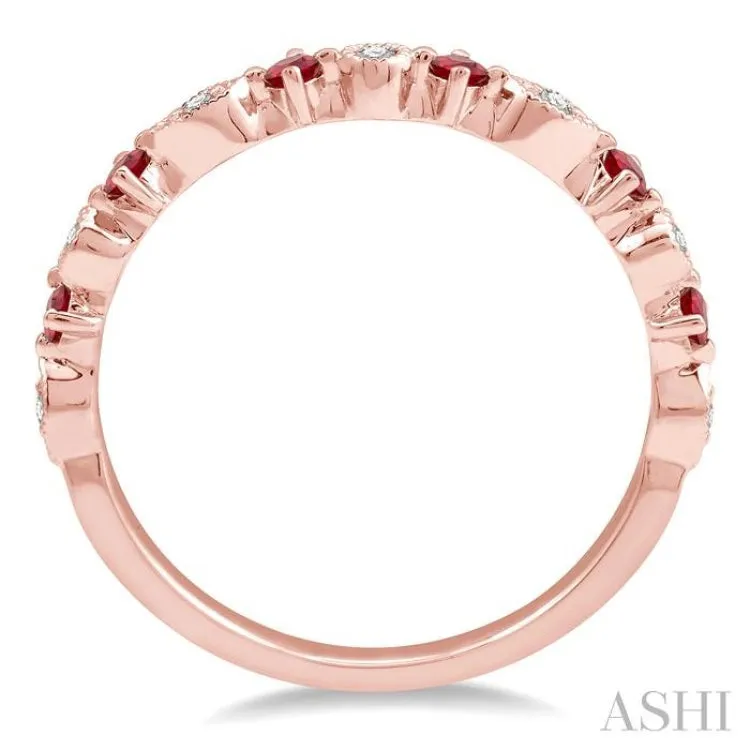 1.80 MM Round Cut Ruby and 1/20 Ctw Round Cut Diamond Half Eternity Wedding Band in 14K Rose Gold