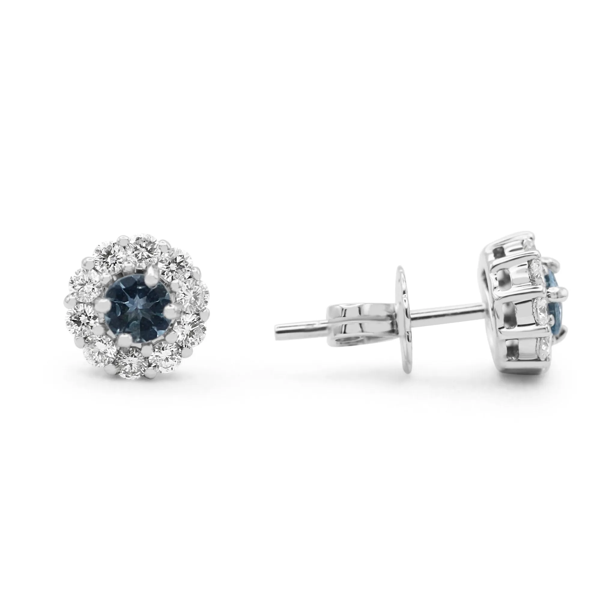 18ct White Gold Diamond & Aquamarine Cluster Stud Earrings