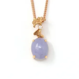 18k Rose Gold Genuine Burmese Lavender Jadeite  Pendant Necklace With Diamond