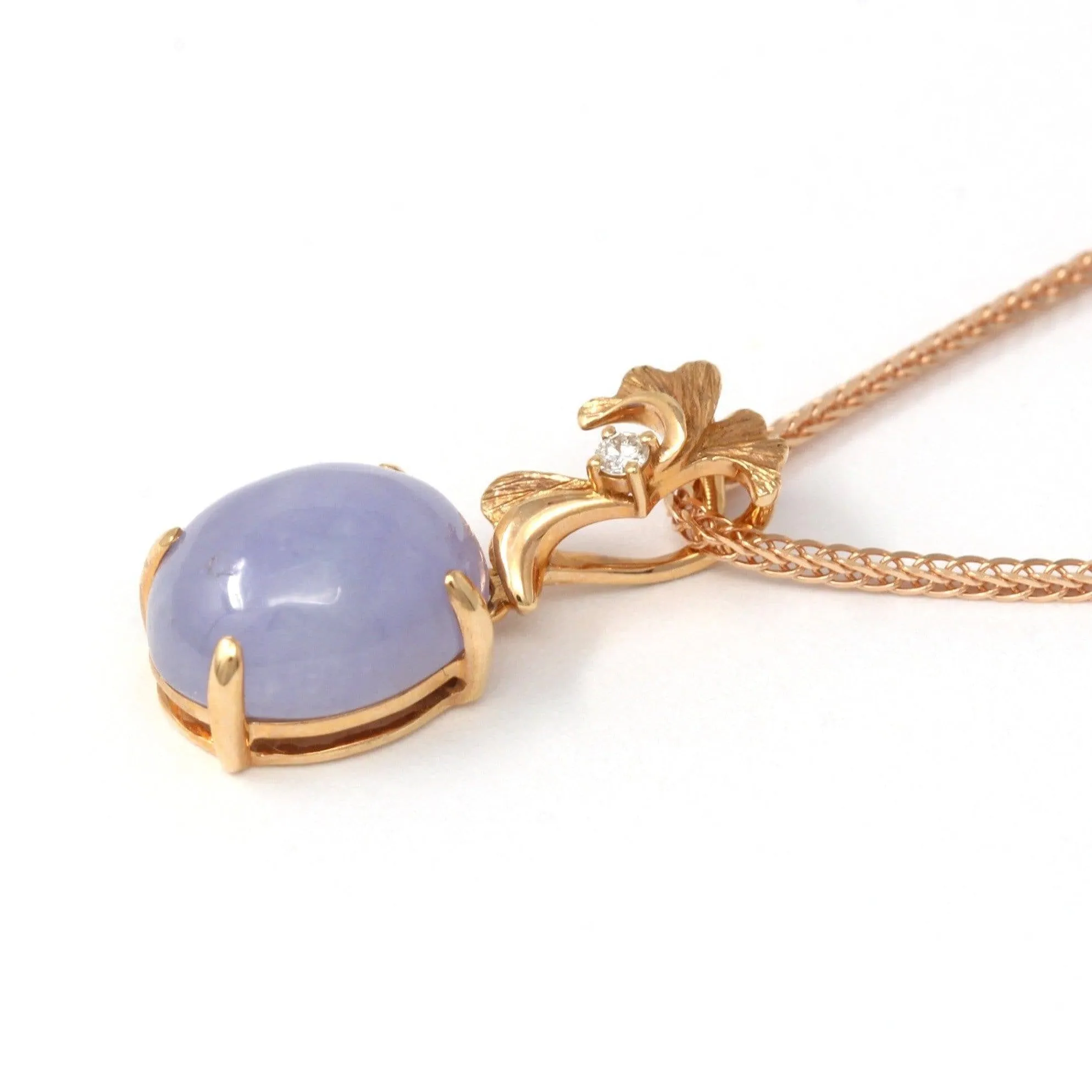 18k Rose Gold Genuine Burmese Lavender Jadeite  Pendant Necklace With Diamond