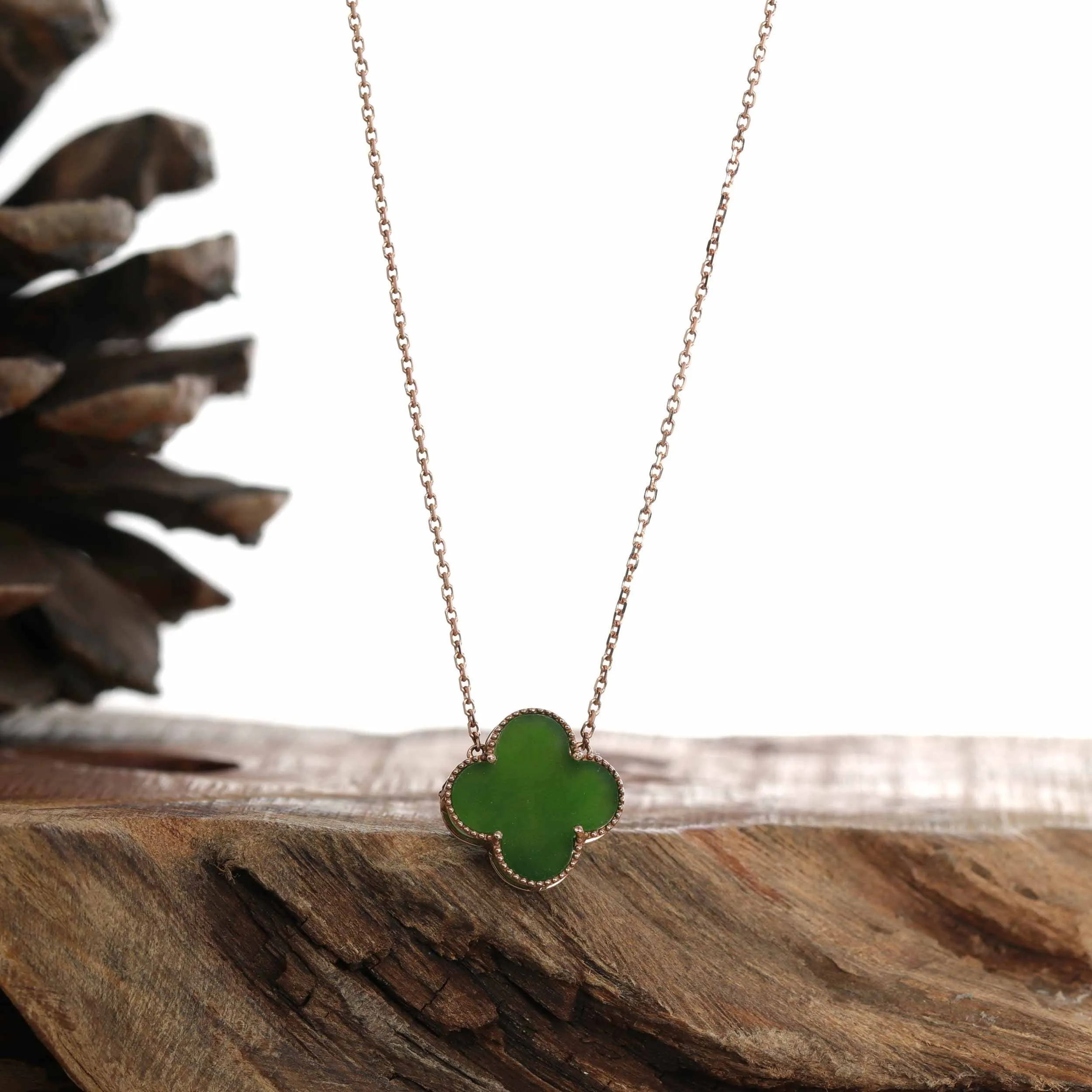 18k Rose Gold Natural Green Nephrite Jade Lucky Four Leaf Clover Necklace