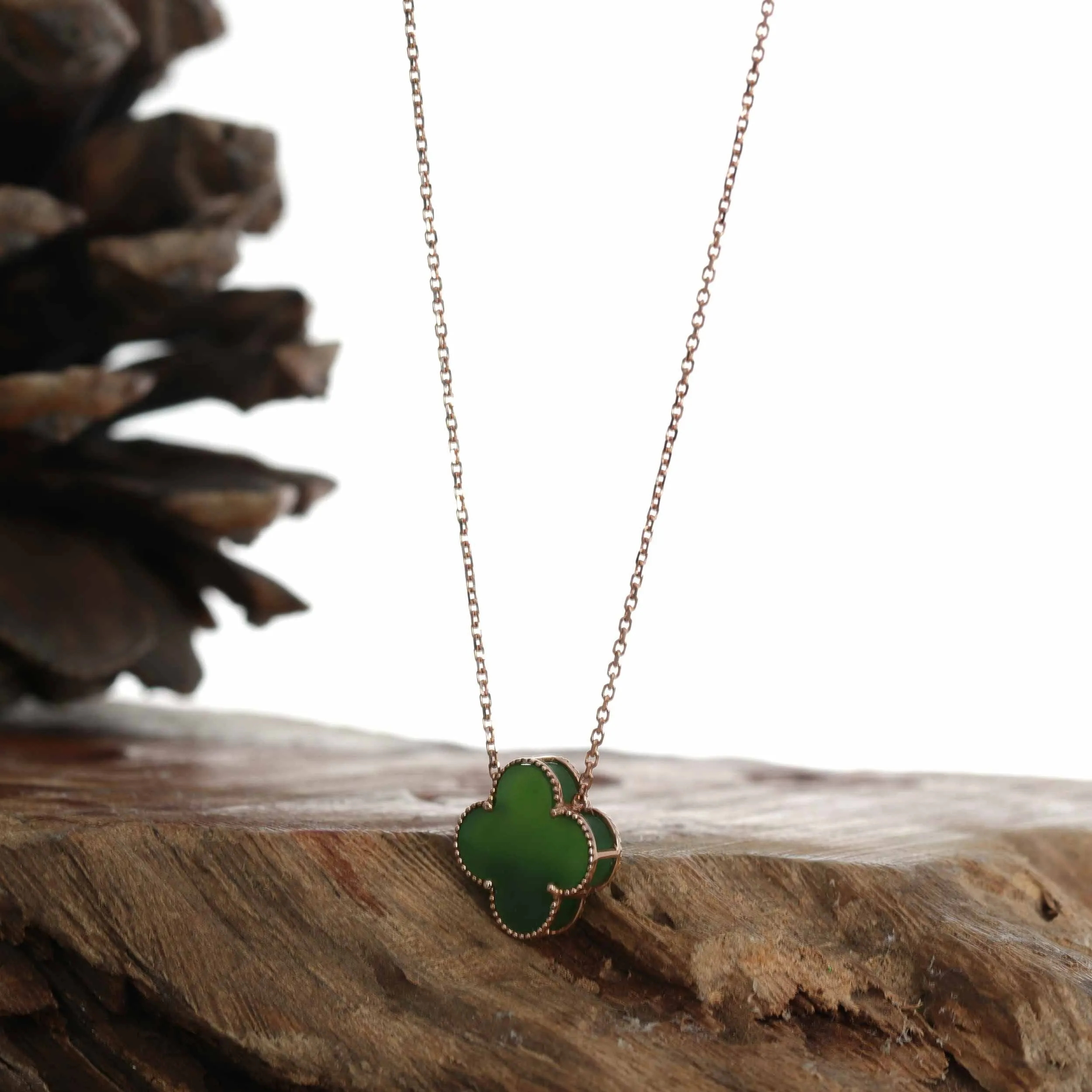 18k Rose Gold Natural Green Nephrite Jade Lucky Four Leaf Clover Necklace