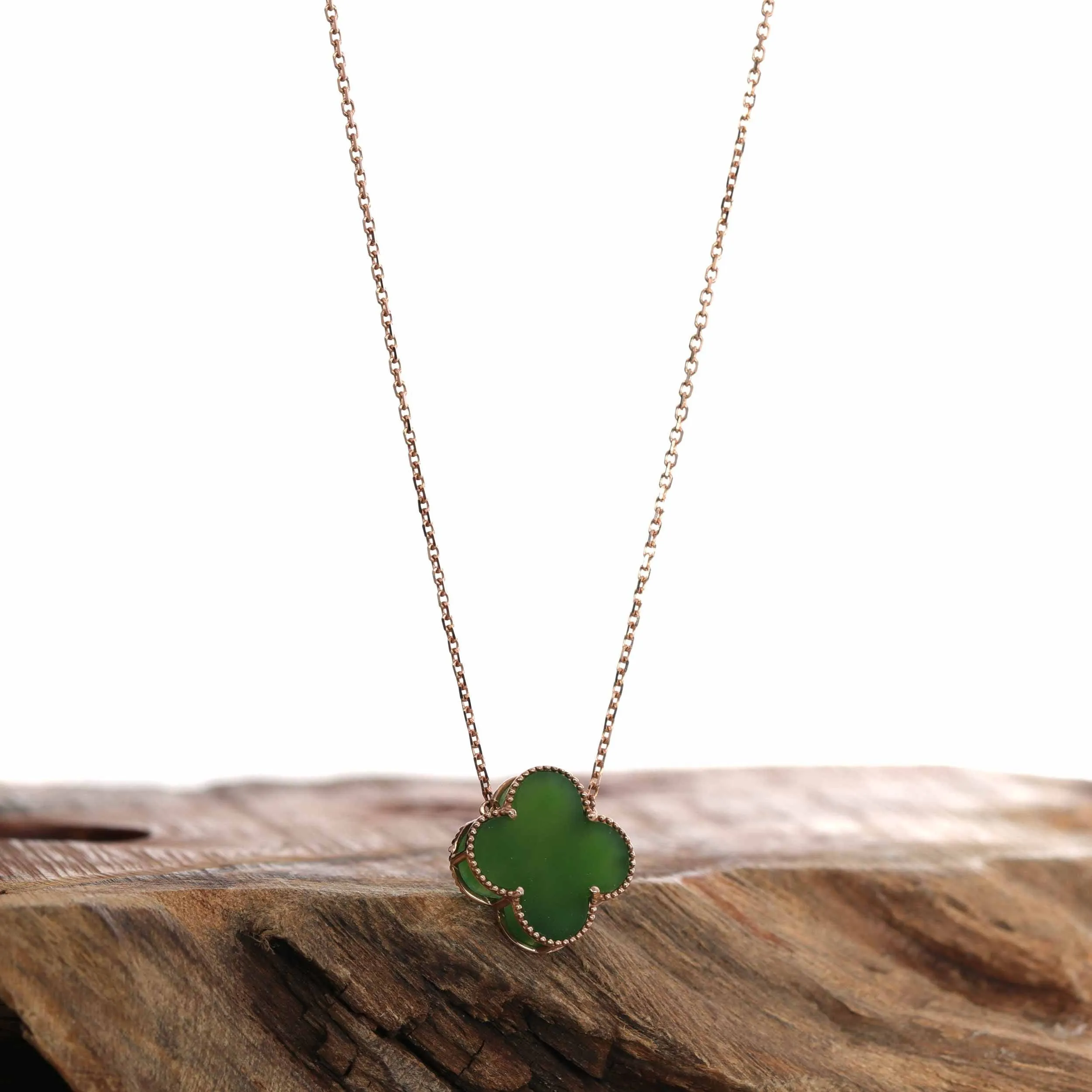 18k Rose Gold Natural Green Nephrite Jade Lucky Four Leaf Clover Necklace