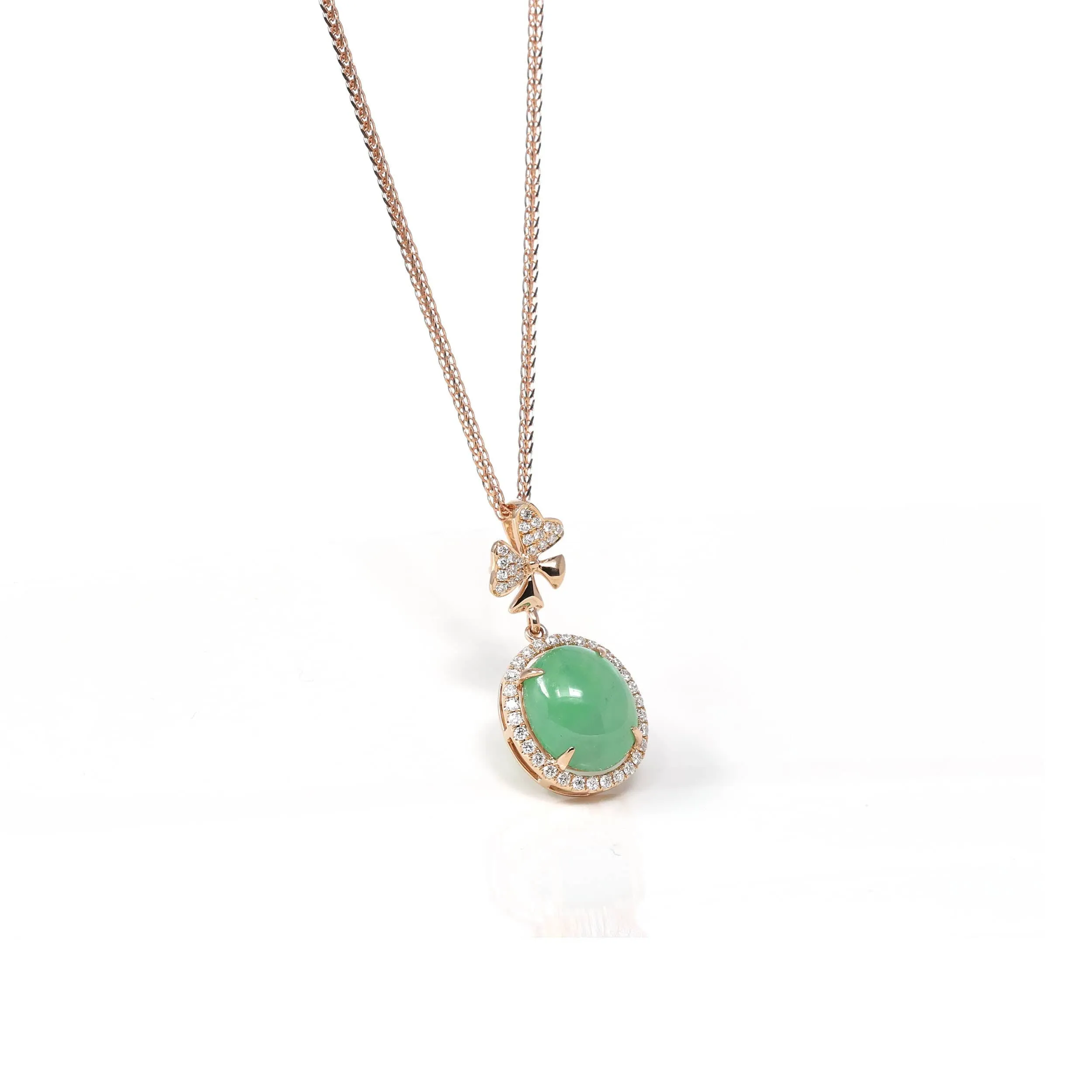 18K Rose Gold Oval Imperial Jadeite Jade Ginkgo Leaf Necklace with Diamonds