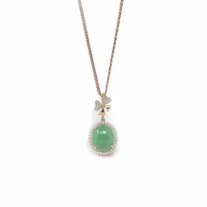 18K Rose Gold Oval Imperial Jadeite Jade Ginkgo Leaf Necklace with Diamonds