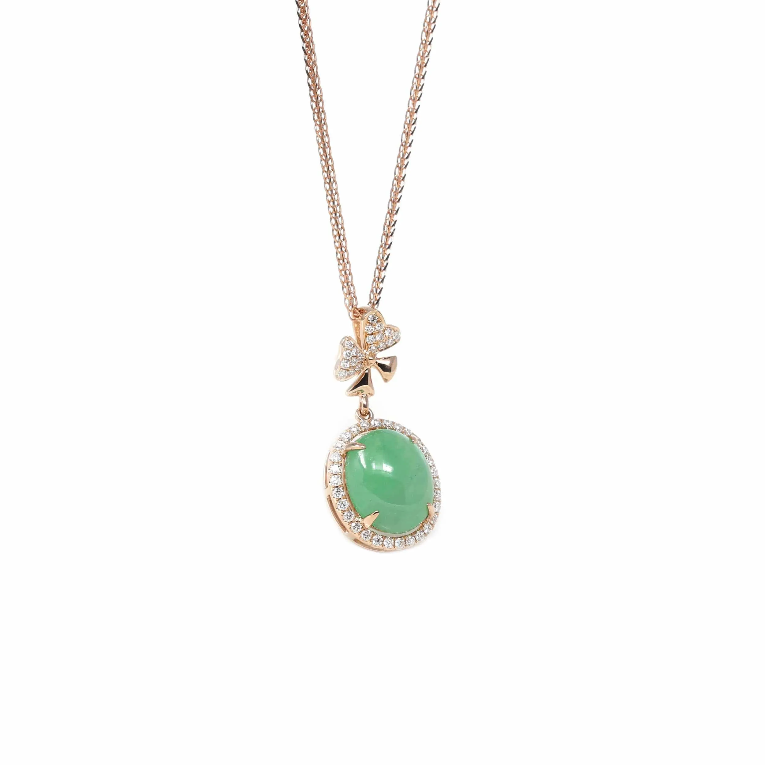 18K Rose Gold Oval Imperial Jadeite Jade Ginkgo Leaf Necklace with Diamonds