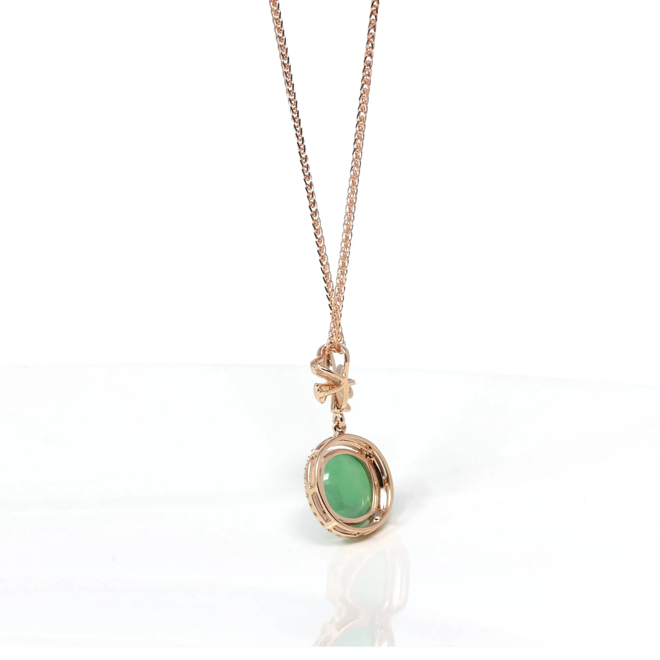 18K Rose Gold Oval Imperial Jadeite Jade Ginkgo Leaf Necklace with Diamonds