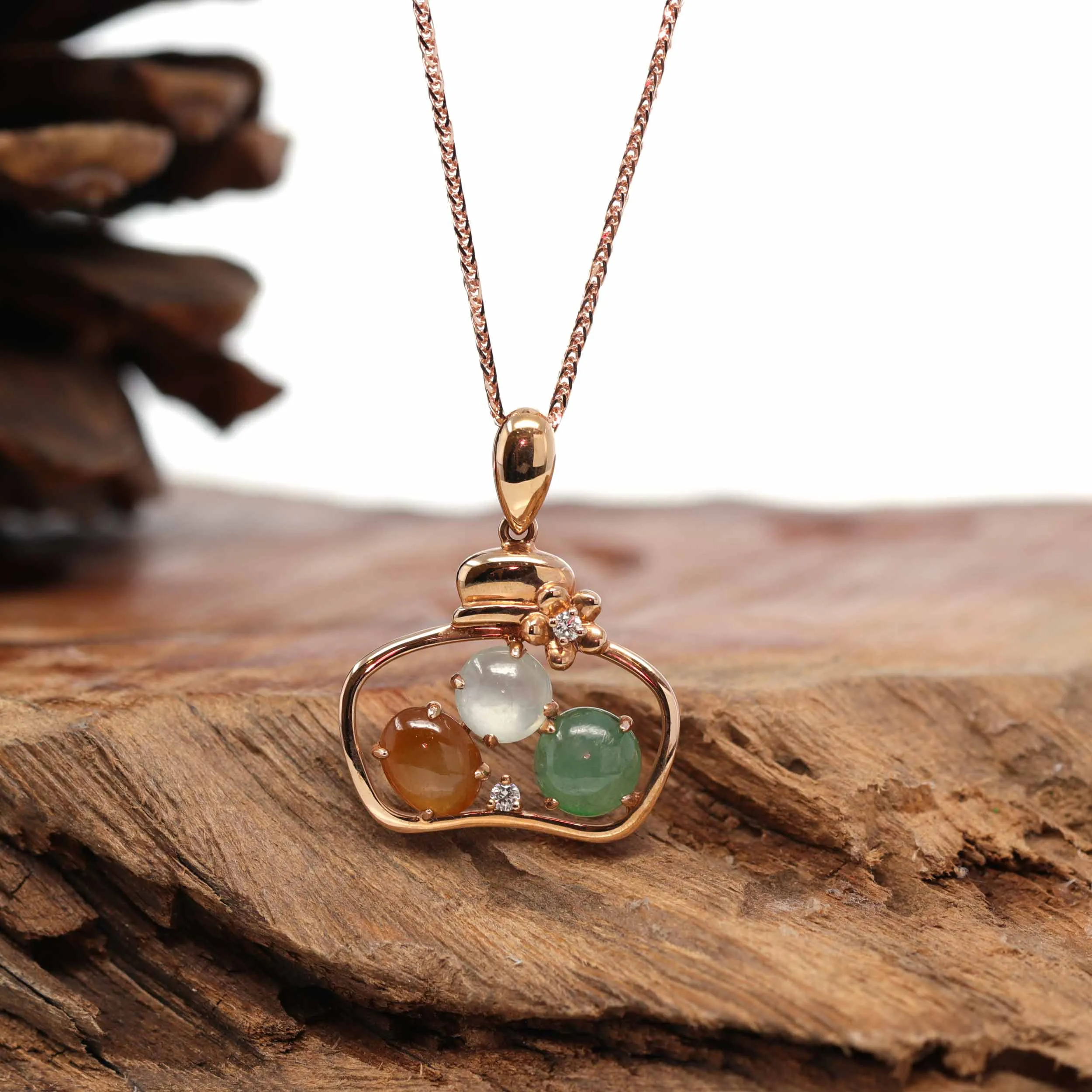 18K Rose Gold "Lucky Goodie Bottle" Multi-Color Jadeite Jade Cabochon Necklace with Diamonds