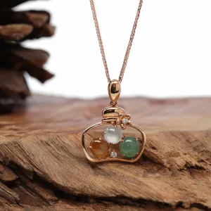 18K Rose Gold "Lucky Goodie Bottle" Multi-Color Jadeite Jade Cabochon Necklace with Diamonds