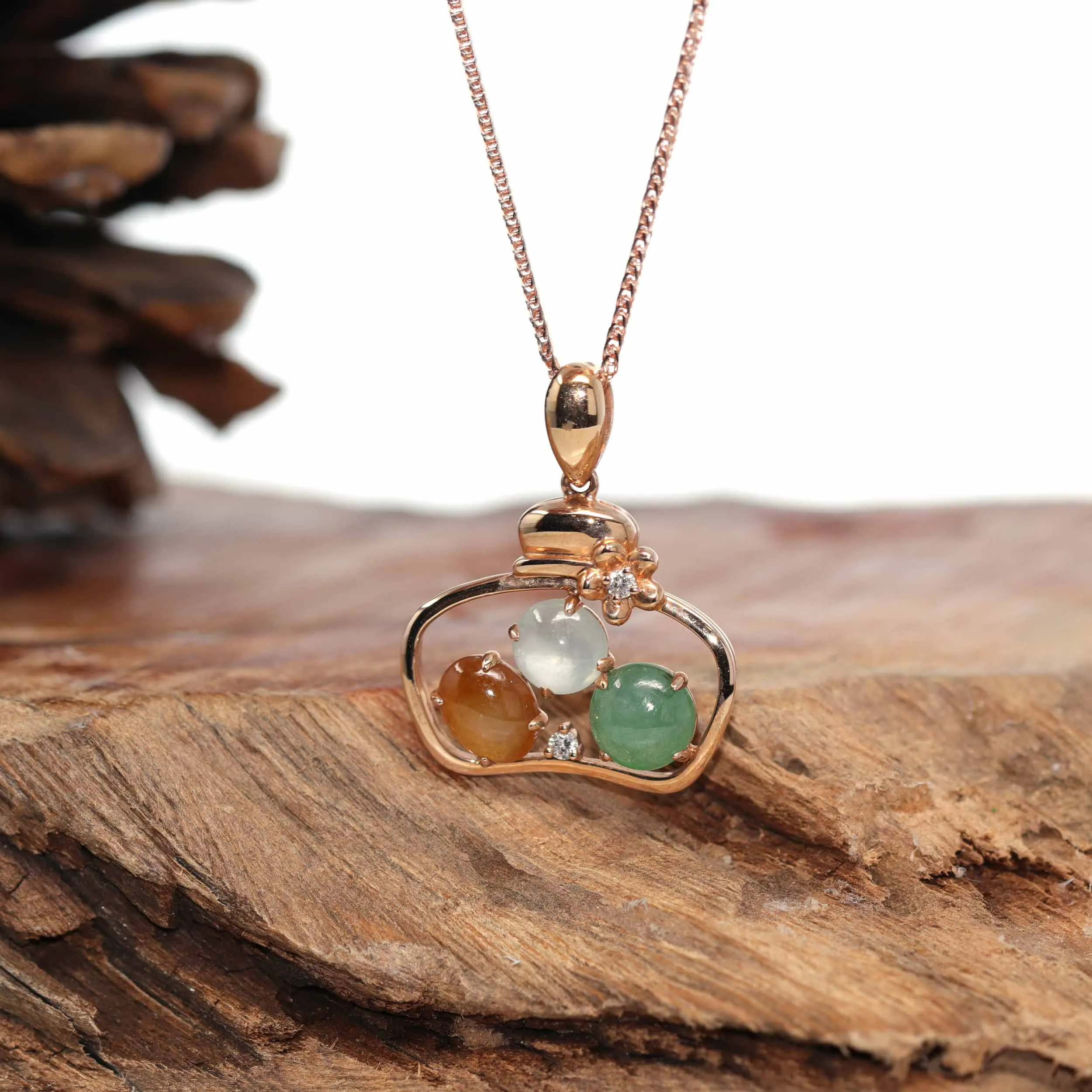 18K Rose Gold "Lucky Goodie Bottle" Multi-Color Jadeite Jade Cabochon Necklace with Diamonds