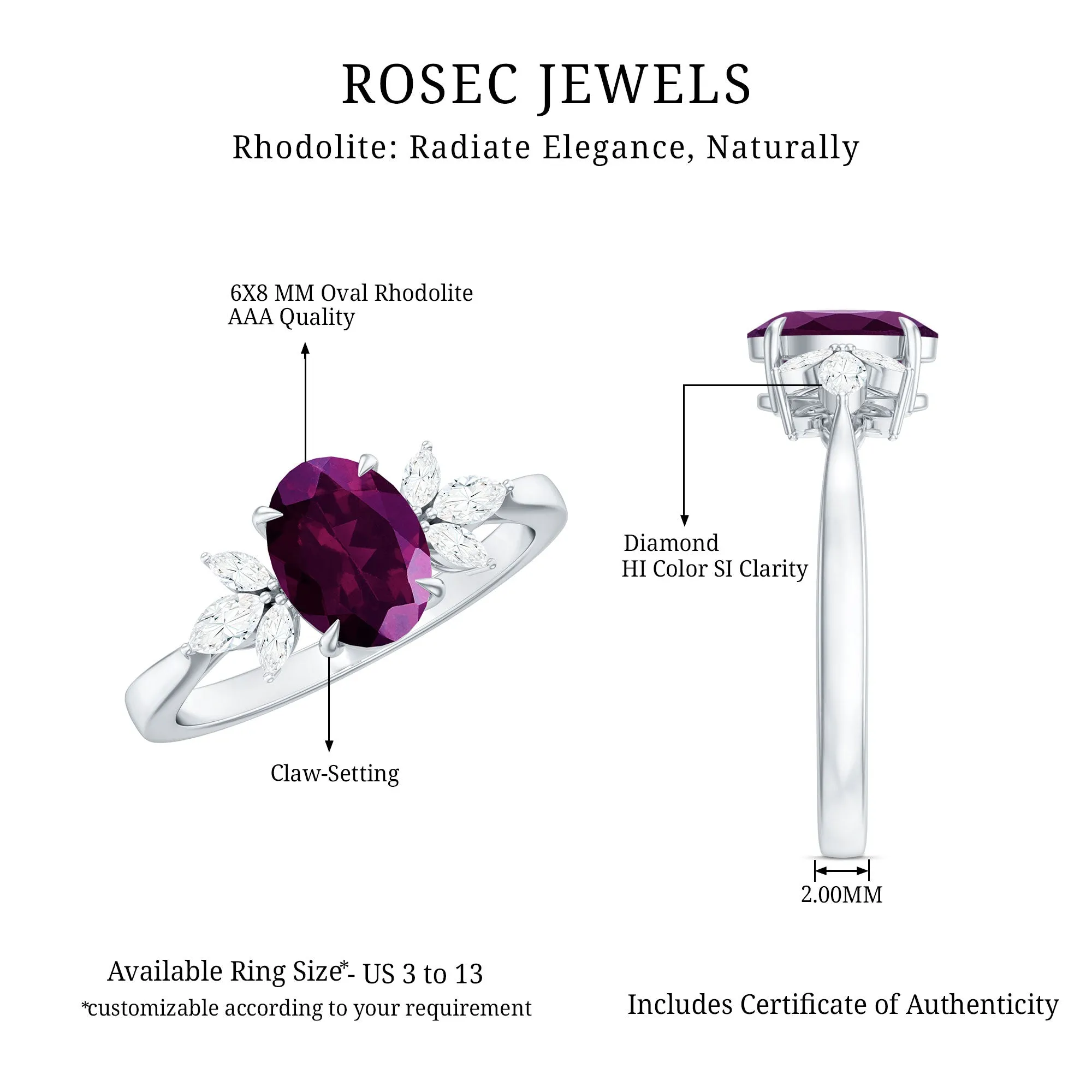 2 CT Claw Set Oval Rhodolite Solitaire Ring with Diamond