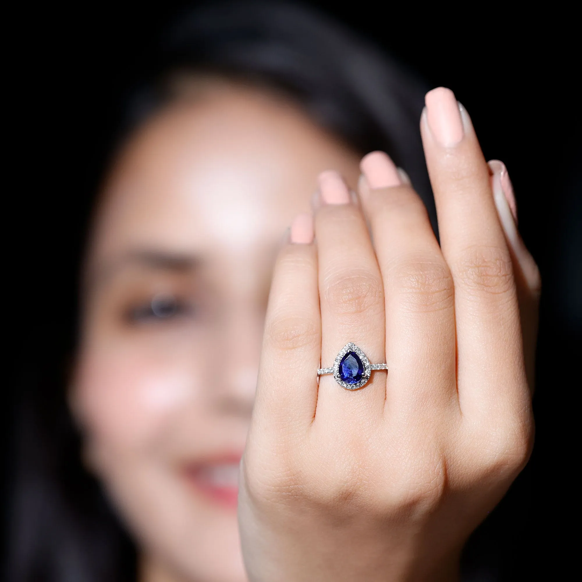 2 CT Created Blue Sapphire Teardrop Ring with Diamond Halo