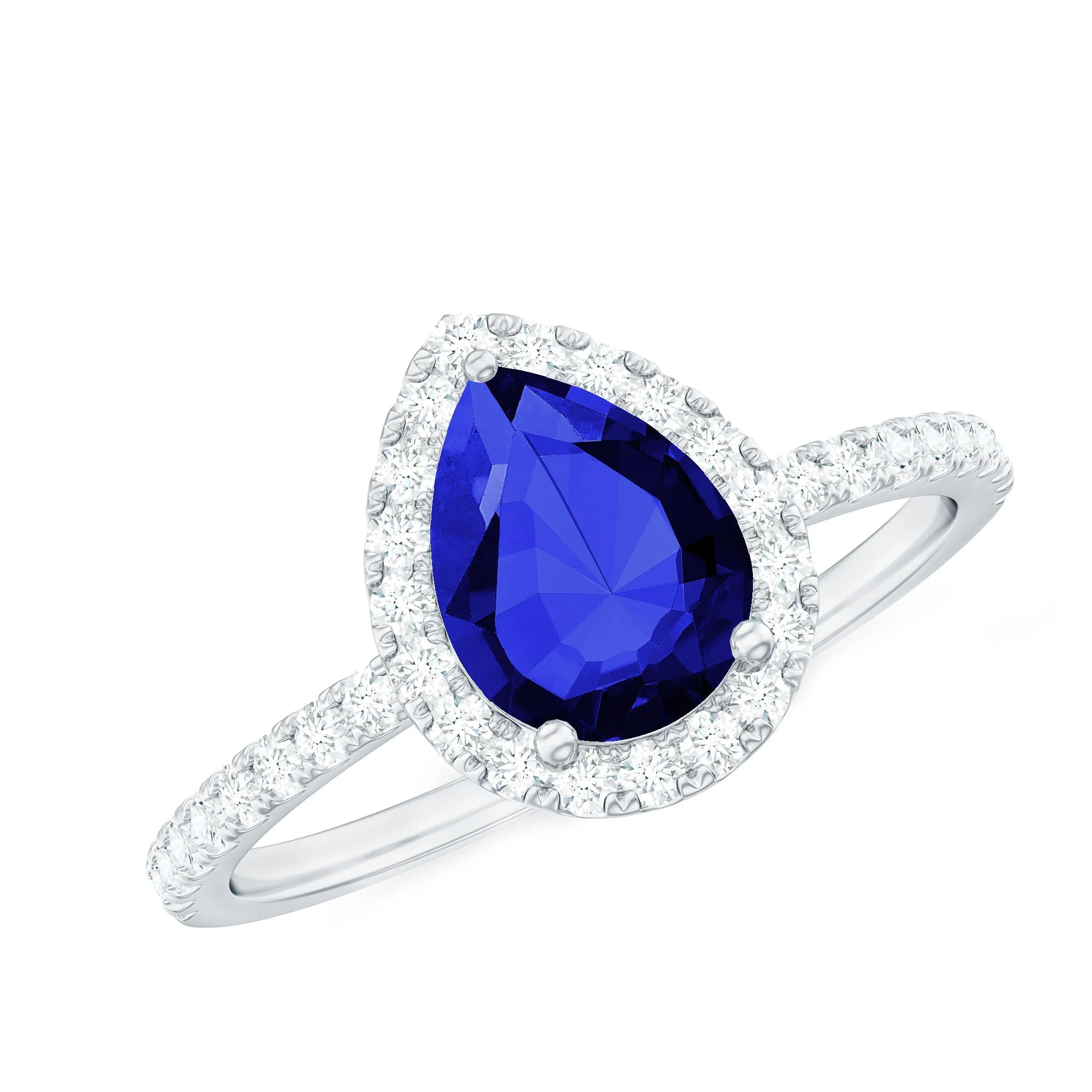 2 CT Created Blue Sapphire Teardrop Ring with Diamond Halo