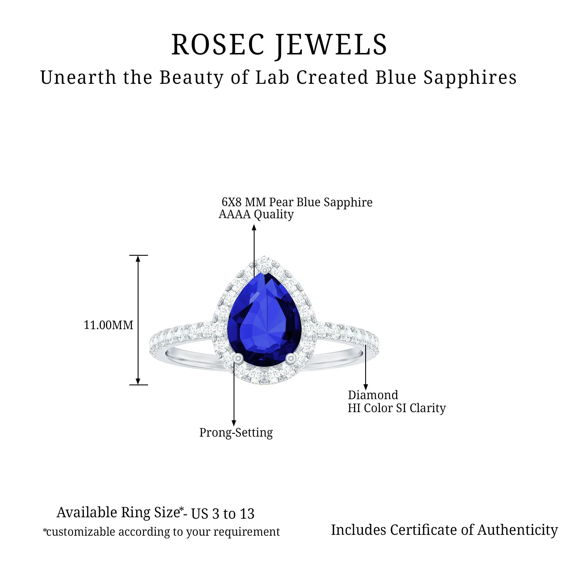 2 CT Created Blue Sapphire Teardrop Ring with Diamond Halo