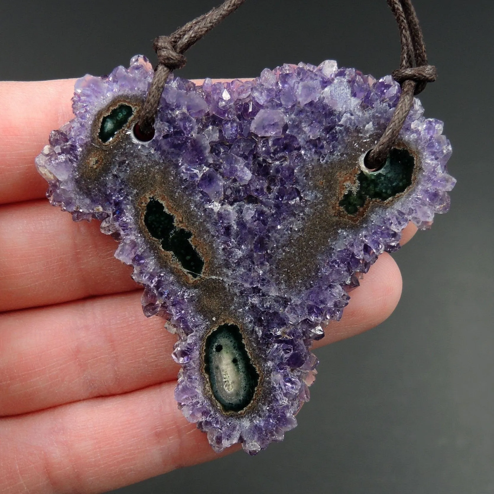 2 Hole Pendant Amethyst Stalactite Flower Pendant Drilled Stalactite Flat Slice Freeform One of a Kind Natural Gemstone Pendant Bead P1603