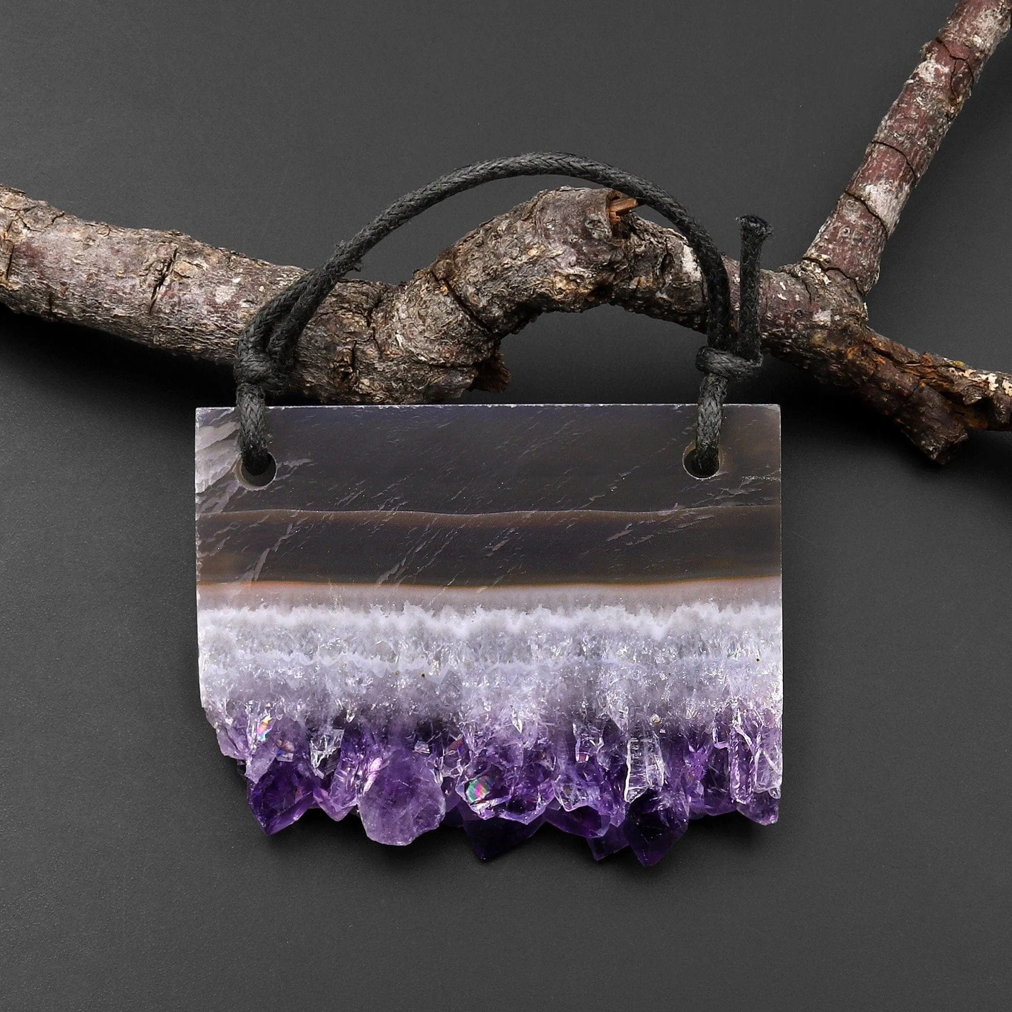 2 Hole Pendant Natural Smoky Quartz White Purple Amethyst Stalactite Druzy Pendant Drilled Flat Slice Long Rectangle