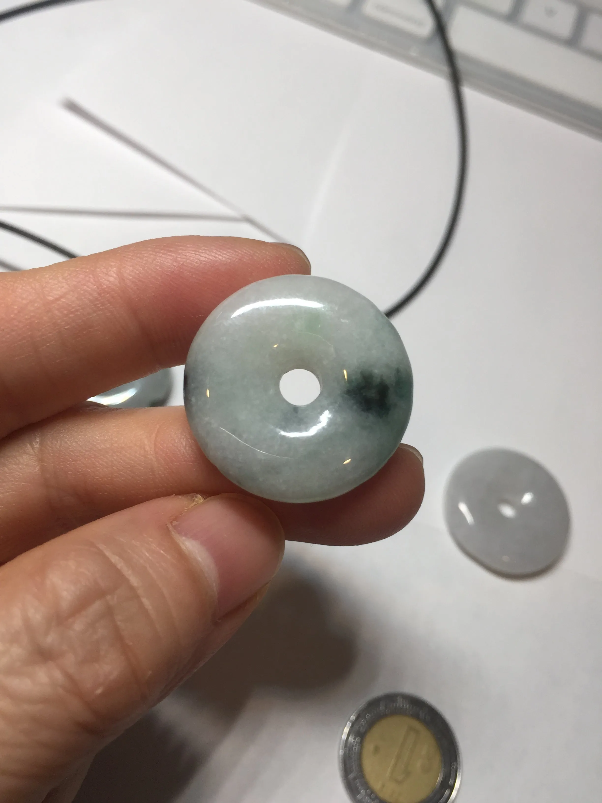 24-25mm 100% Natural icy watery green/white with dark green floating flowers jadeite Jade Safety Guardian Button(donut) Pendant/worry stone group H153