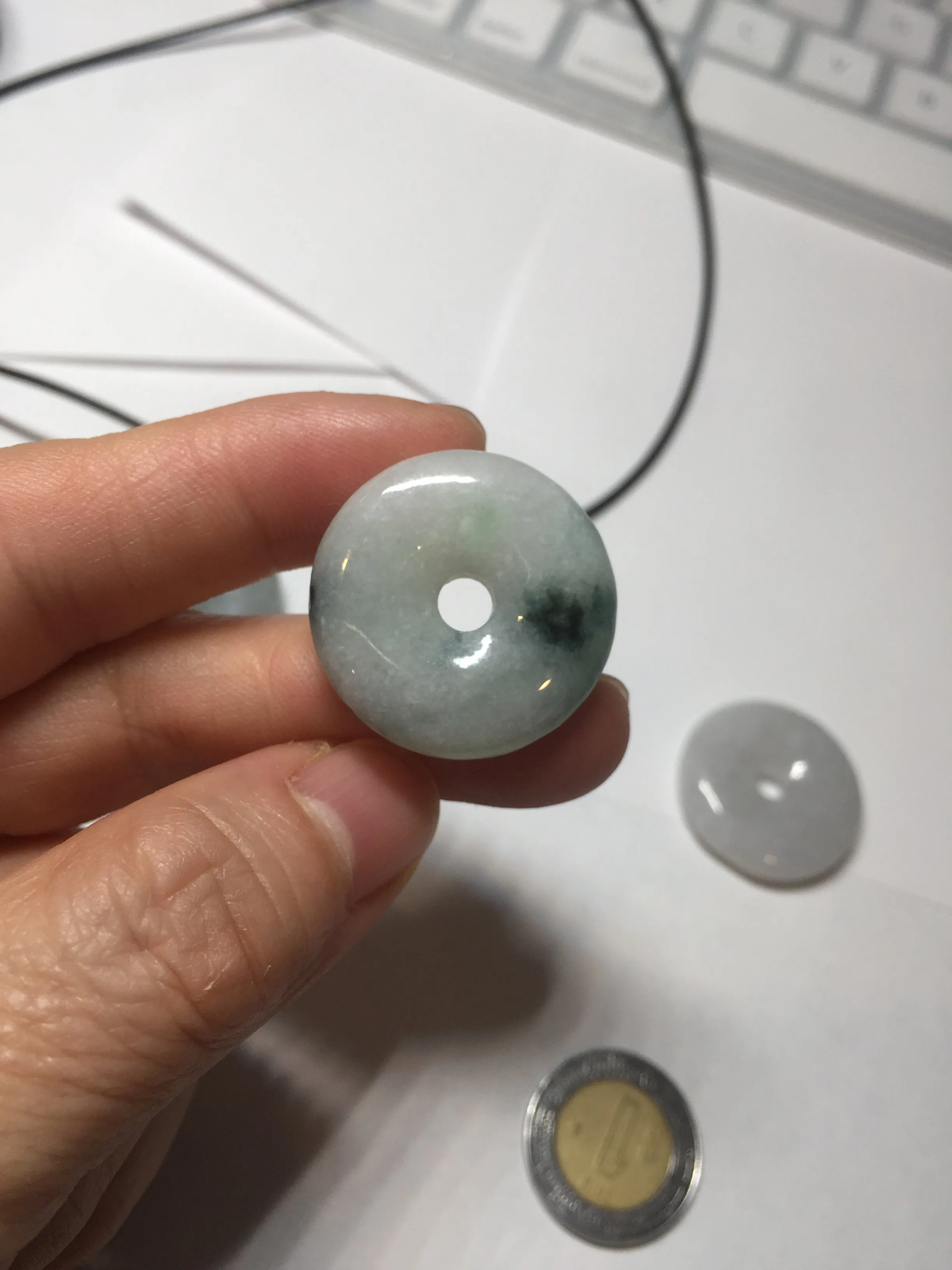 24-25mm 100% Natural icy watery green/white with dark green floating flowers jadeite Jade Safety Guardian Button(donut) Pendant/worry stone group H153