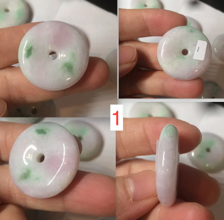 27-30mm 100% Natural green/purple with sunny green floating flowers jadeite Jade Safety Guardian Button(donut) Pendant/worry stone BF92