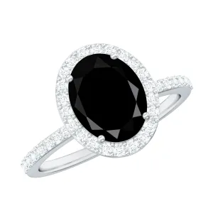 3 CT Oval Shape Created Black Diamond and Diamond Halo Engagement Ring