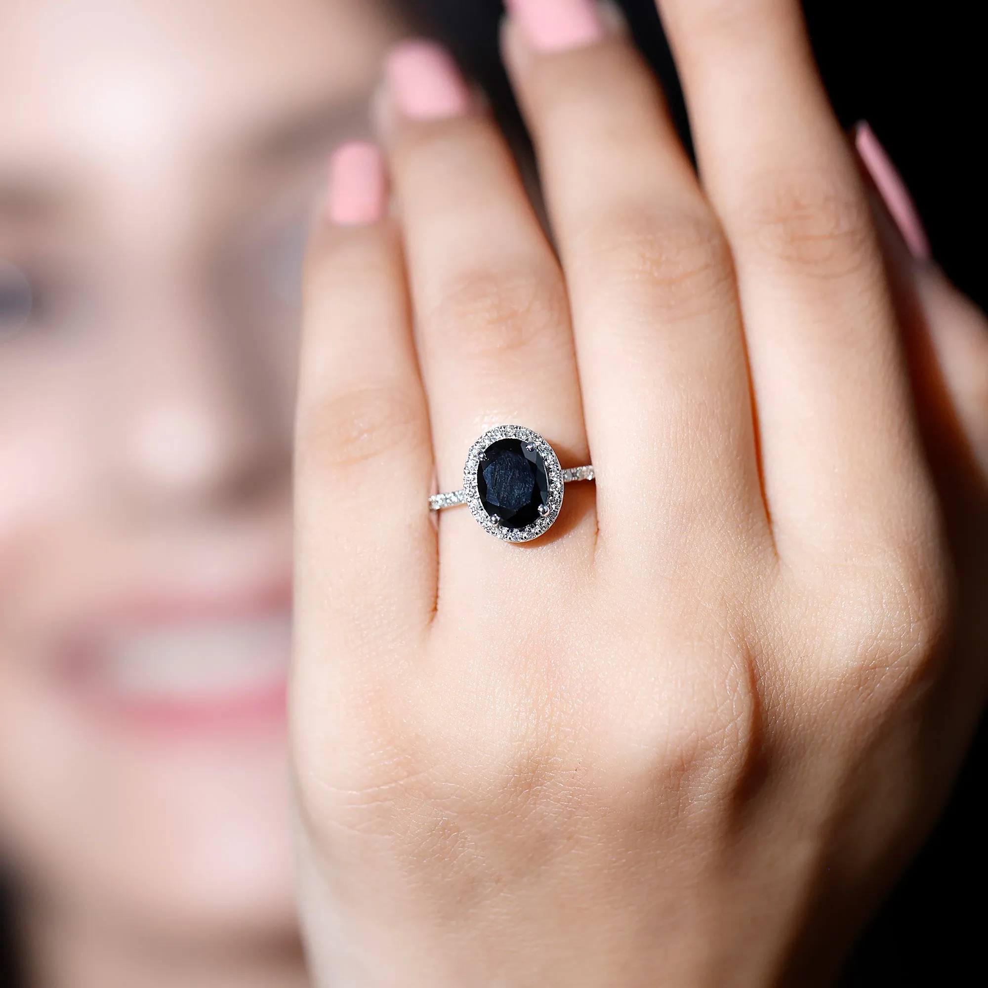 3 CT Oval Shape Created Black Diamond and Diamond Halo Engagement Ring