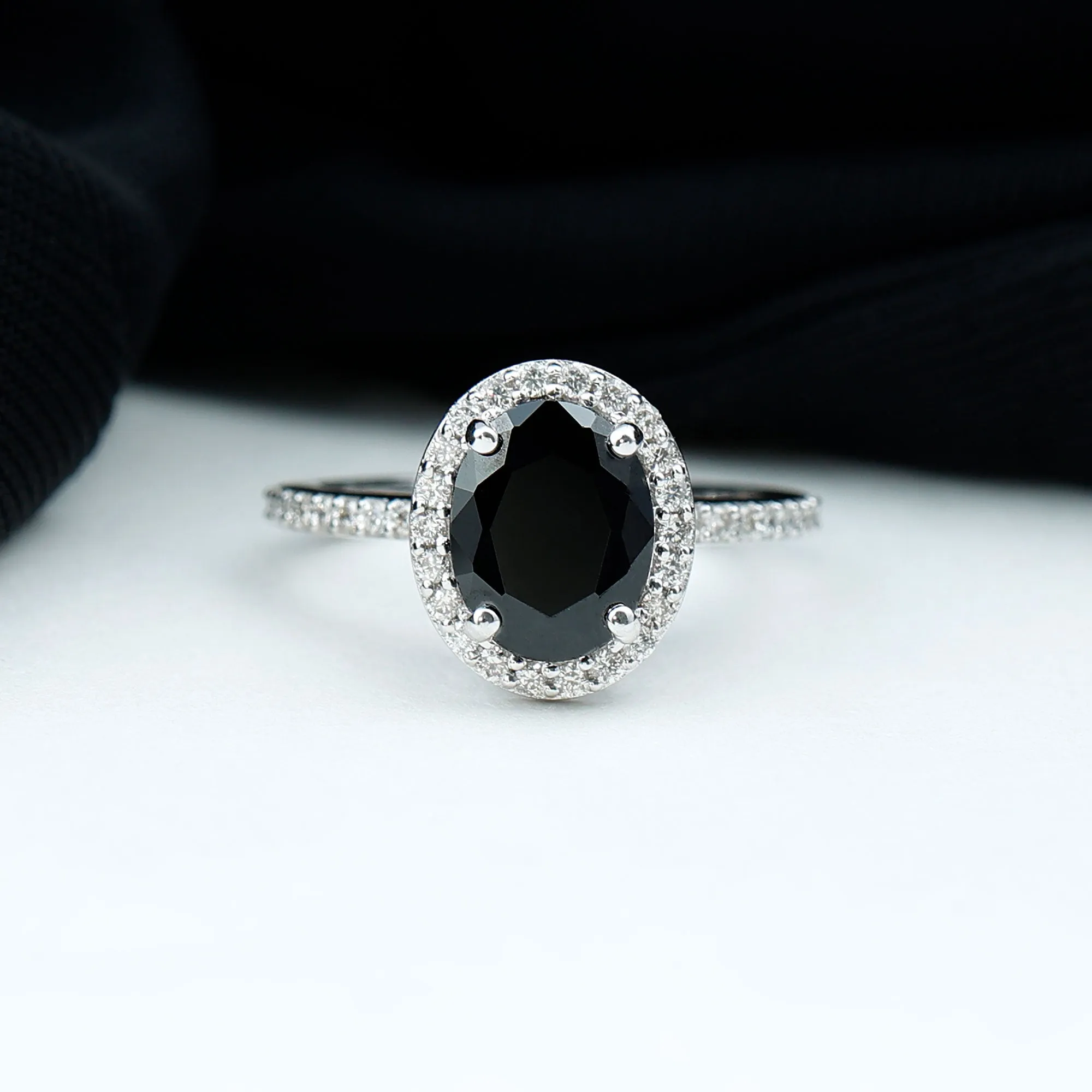 3 CT Oval Shape Created Black Diamond and Diamond Halo Engagement Ring