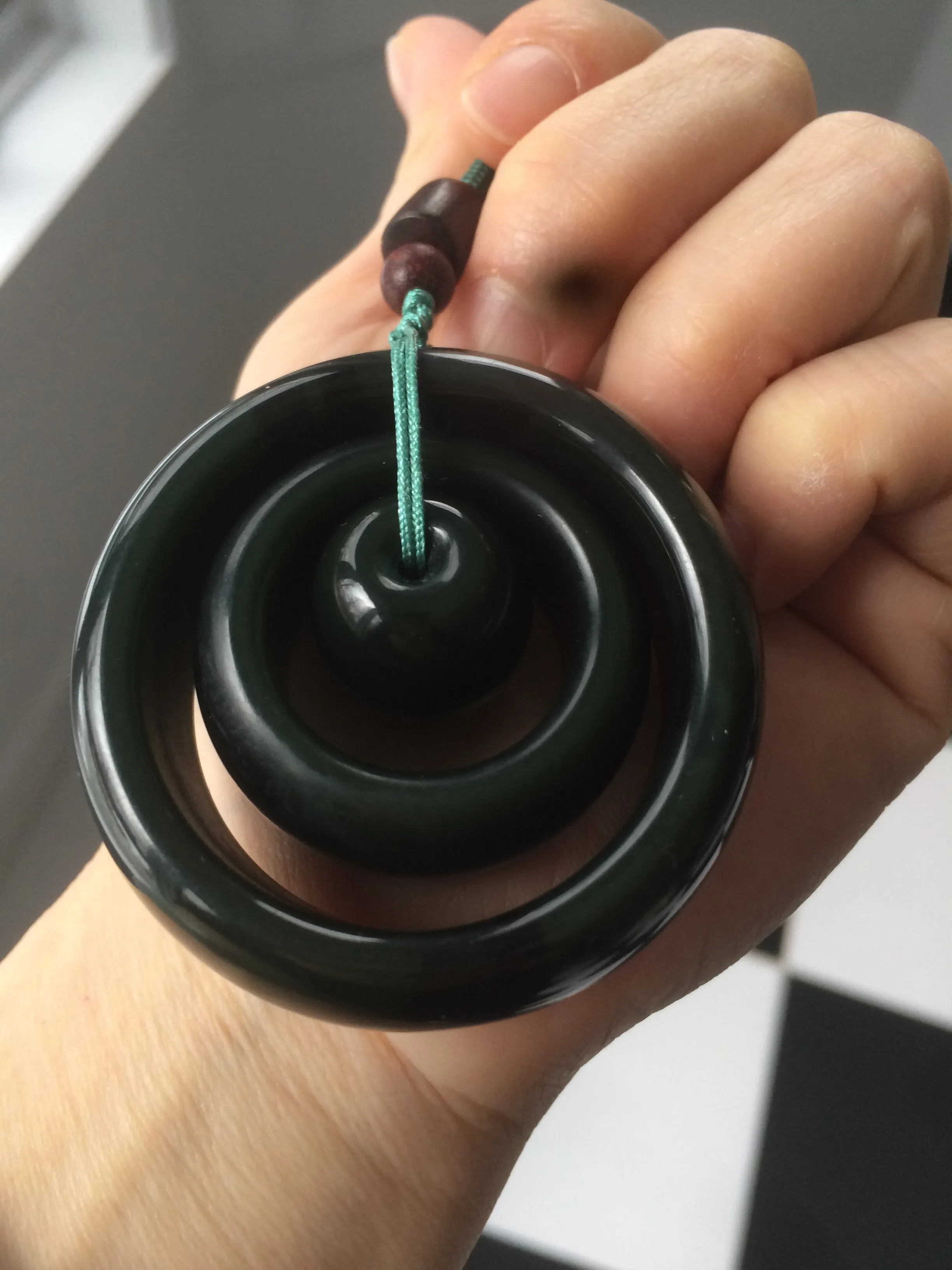 3 piece 100% Natural oily black/dark green nephrite Hetian jade concentric circle safety Guardian ring Pendant worry stone set N122