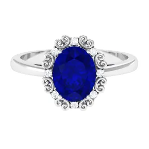 4 CT Vintage Inspired Created Blue Sapphire Engagement Ring with Diamond