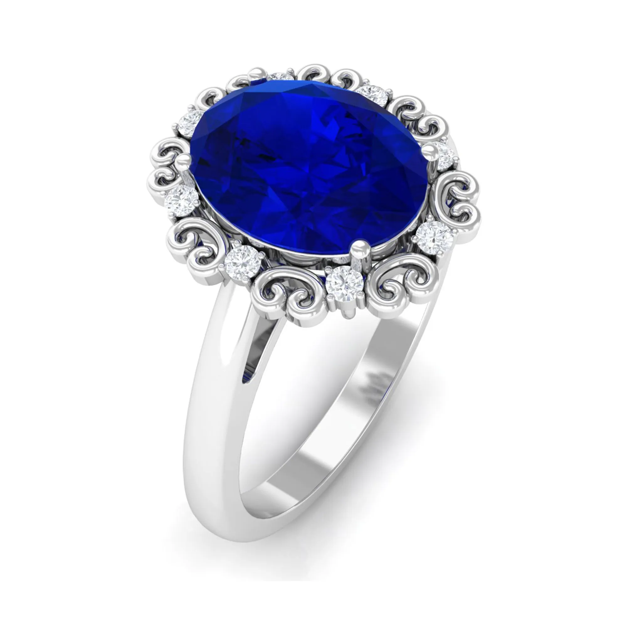 4 CT Vintage Inspired Created Blue Sapphire Engagement Ring with Diamond